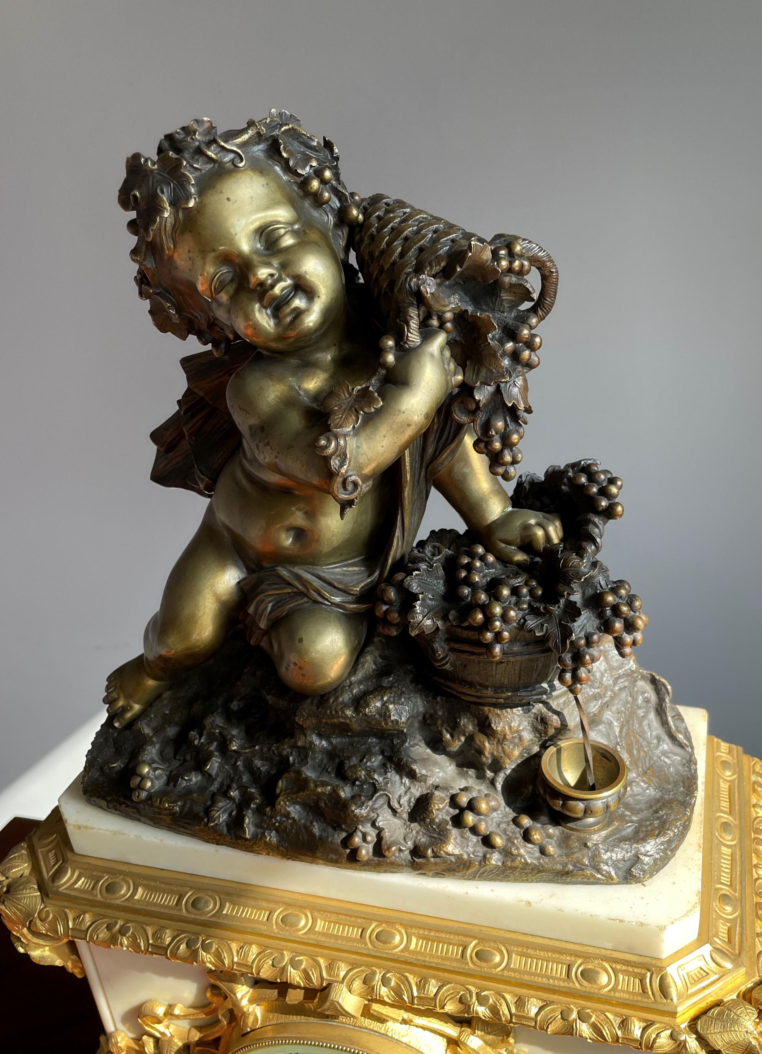 French Gilt Bronze & Marble Belle Époque Mantel Clock w. Infant Bacchus Sculpture 1870s