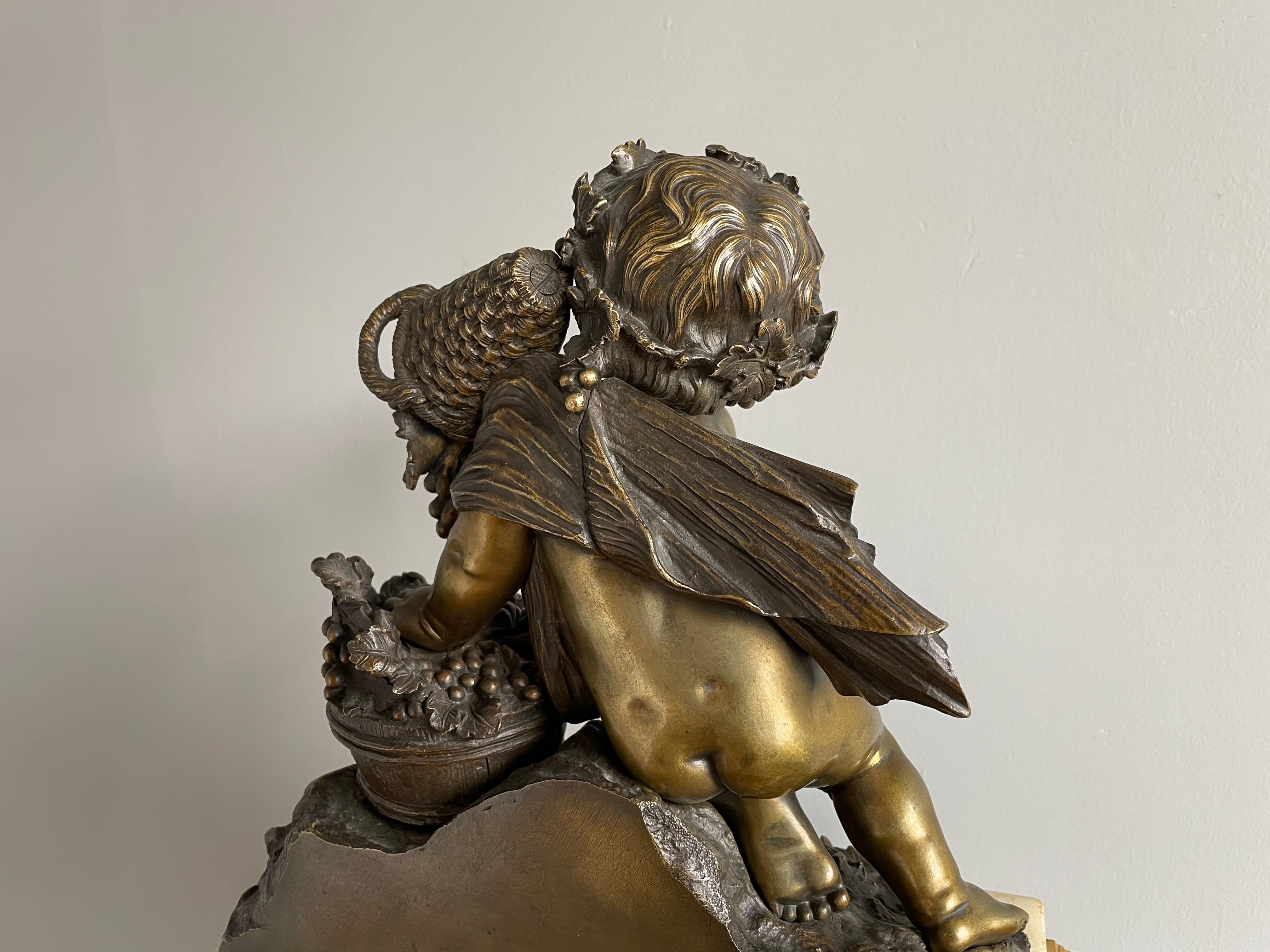 Gilt Bronze & Marble Belle Époque Mantel Clock w. Infant Bacchus Sculpture 1870s In Good Condition In Lisse, NL