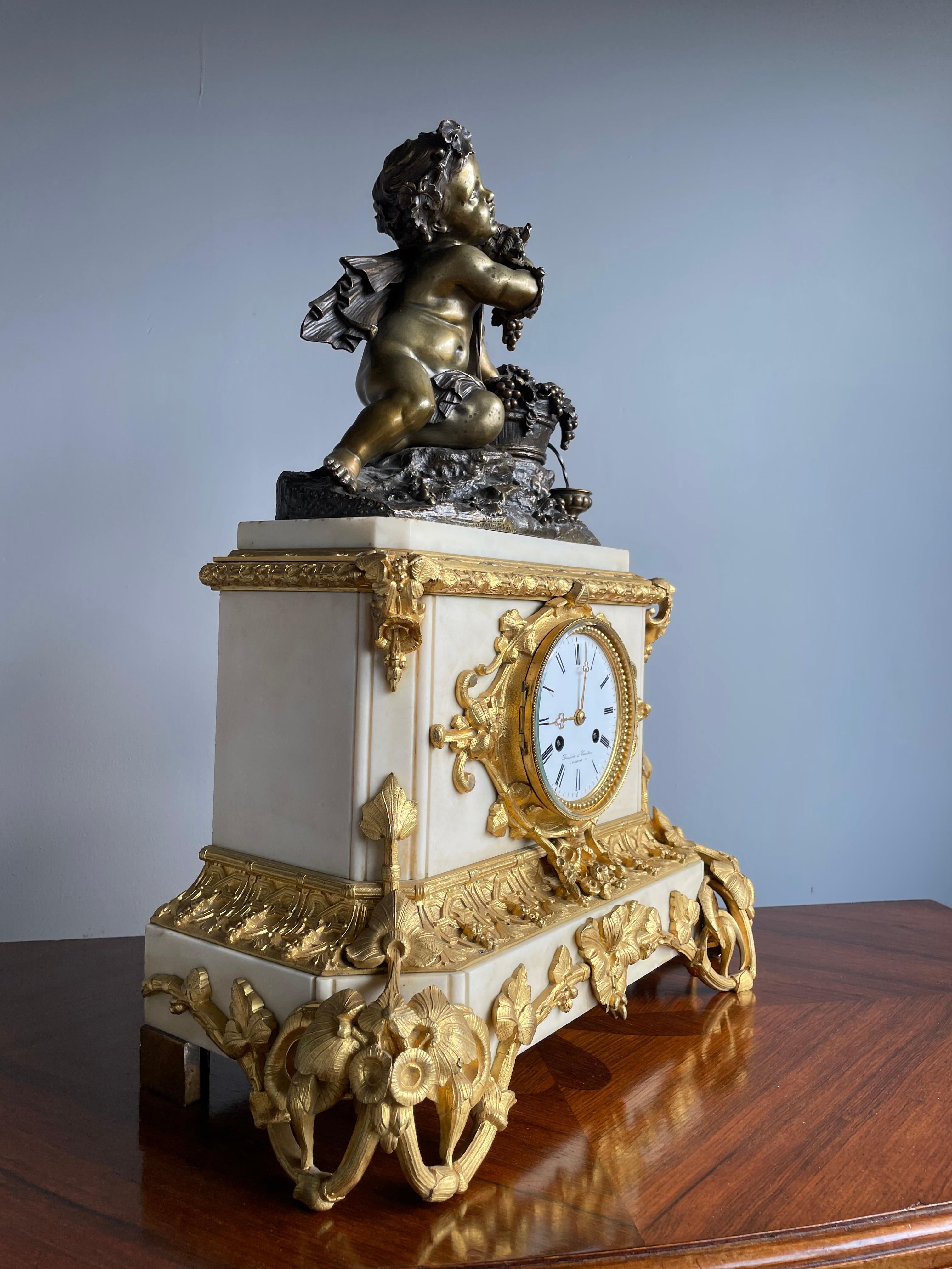 Gilt Bronze & Marble Belle Époque Mantel Clock w. Infant Bacchus Sculpture 1870s 1