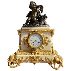Gilt Bronze & Marble Belle Époque Mantel Clock w. Infant Bacchus Sculpture 1870s