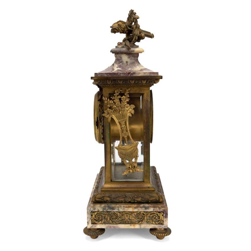 Neoclassical Gilt Bronze & Marble Fleur de Pecher Mantle Clock For Sale