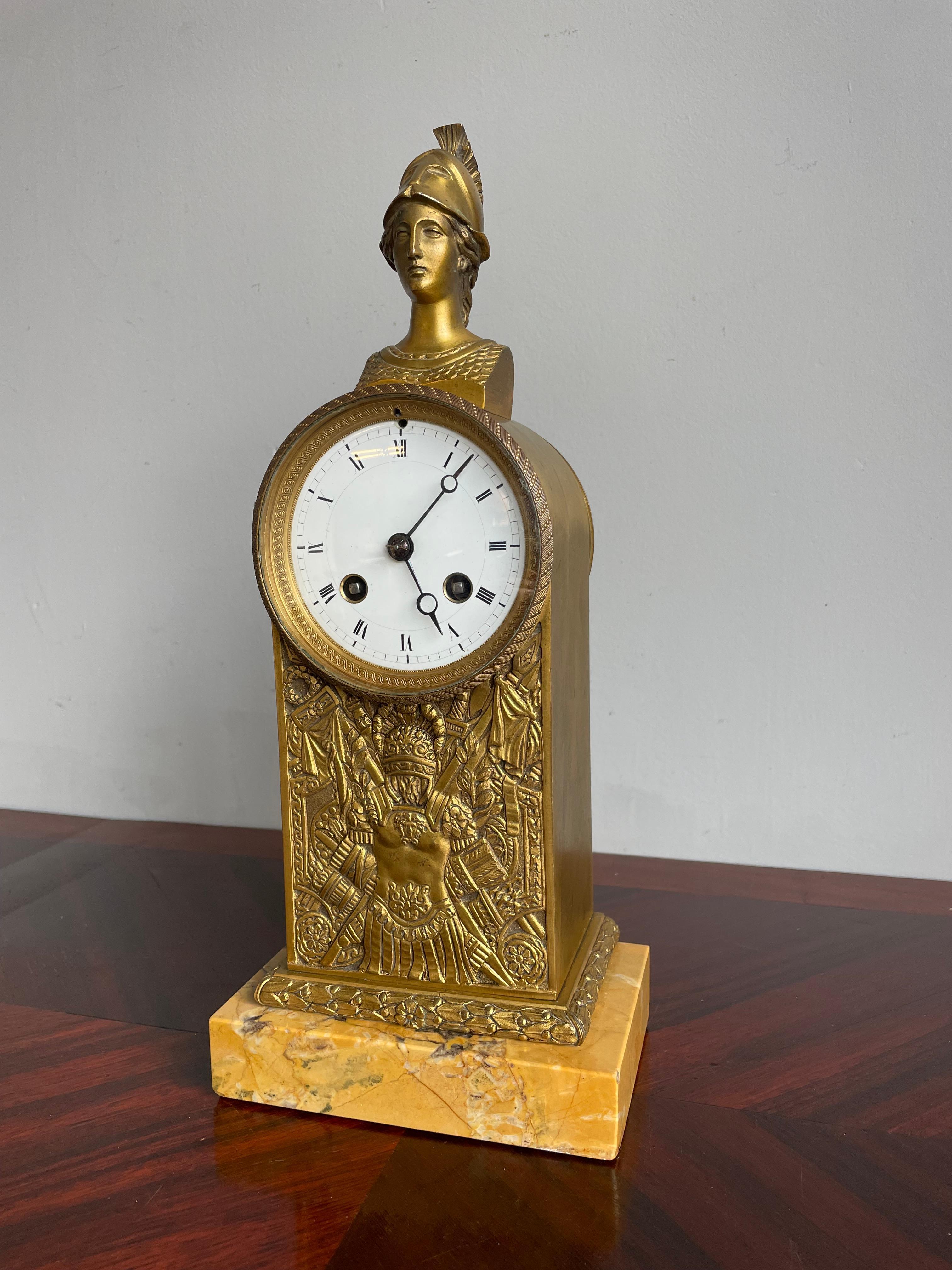 French Gilt Bronze & Marble Greek Revival Mantel Clock w. Goddess Athena Sculpture 1880 For Sale