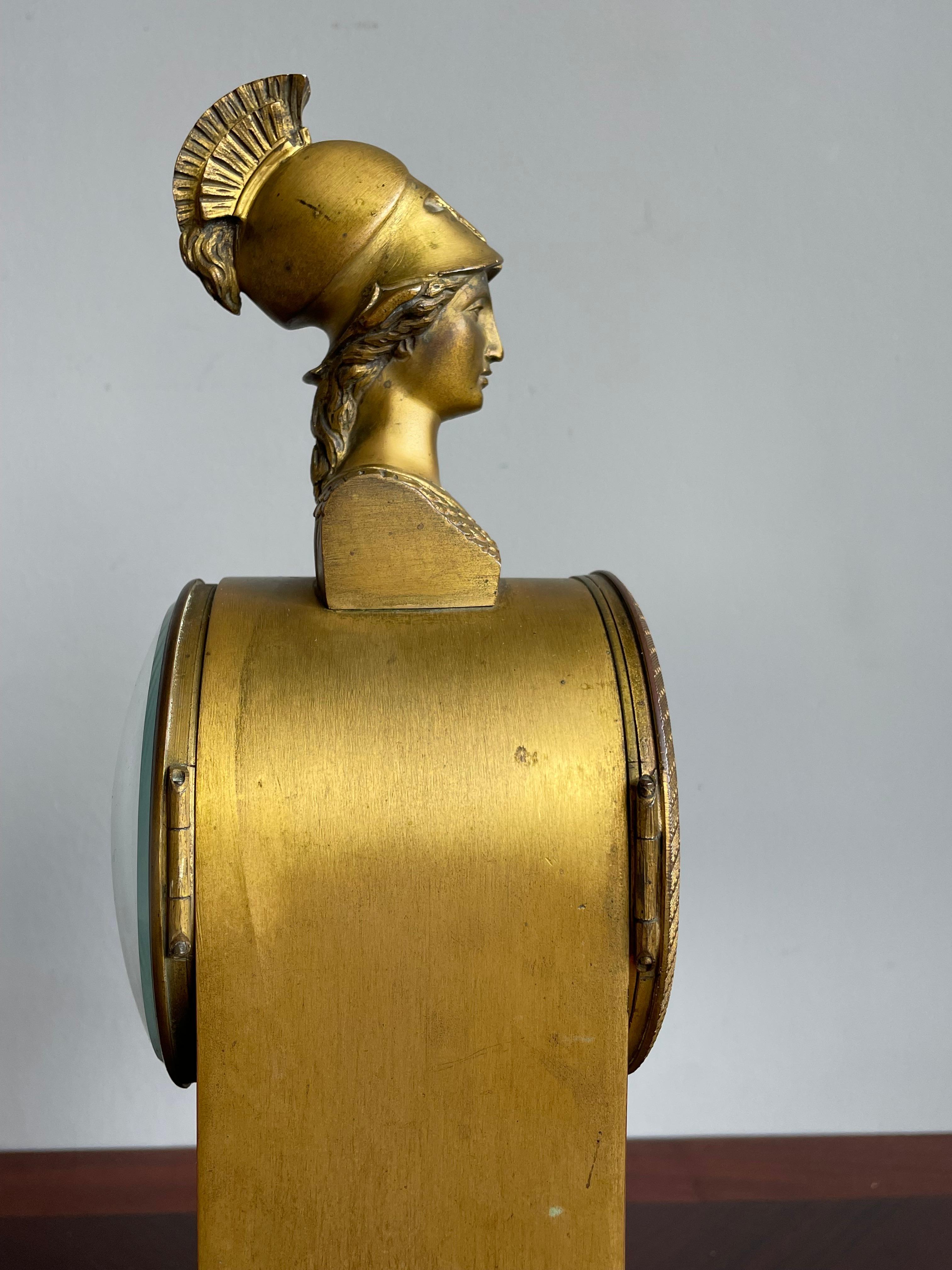 Brass Gilt Bronze & Marble Greek Revival Mantel Clock w. Goddess Athena Sculpture 1880 For Sale