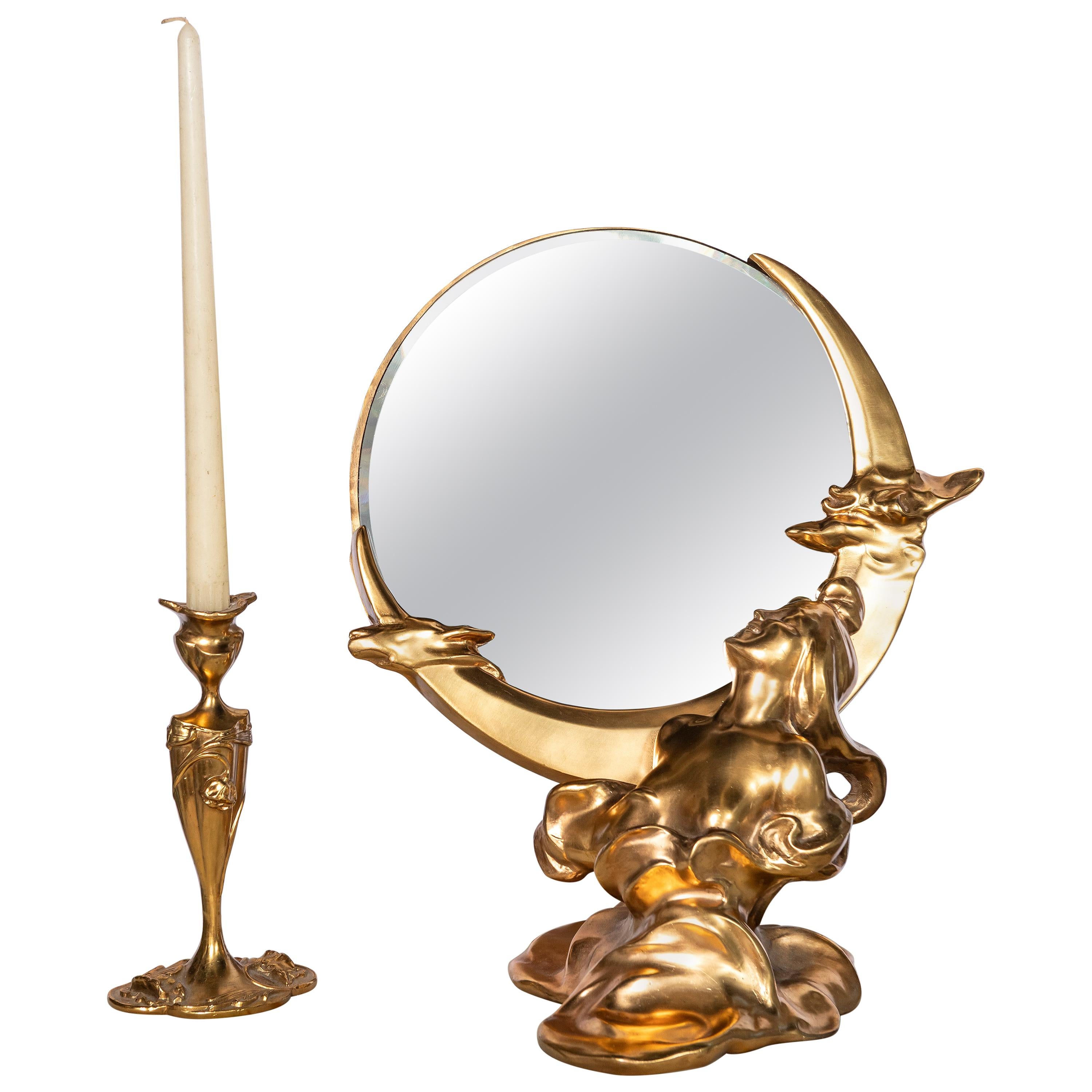 Gilt Bronze Mirror and Candlestick, France, 19th Century For Sale