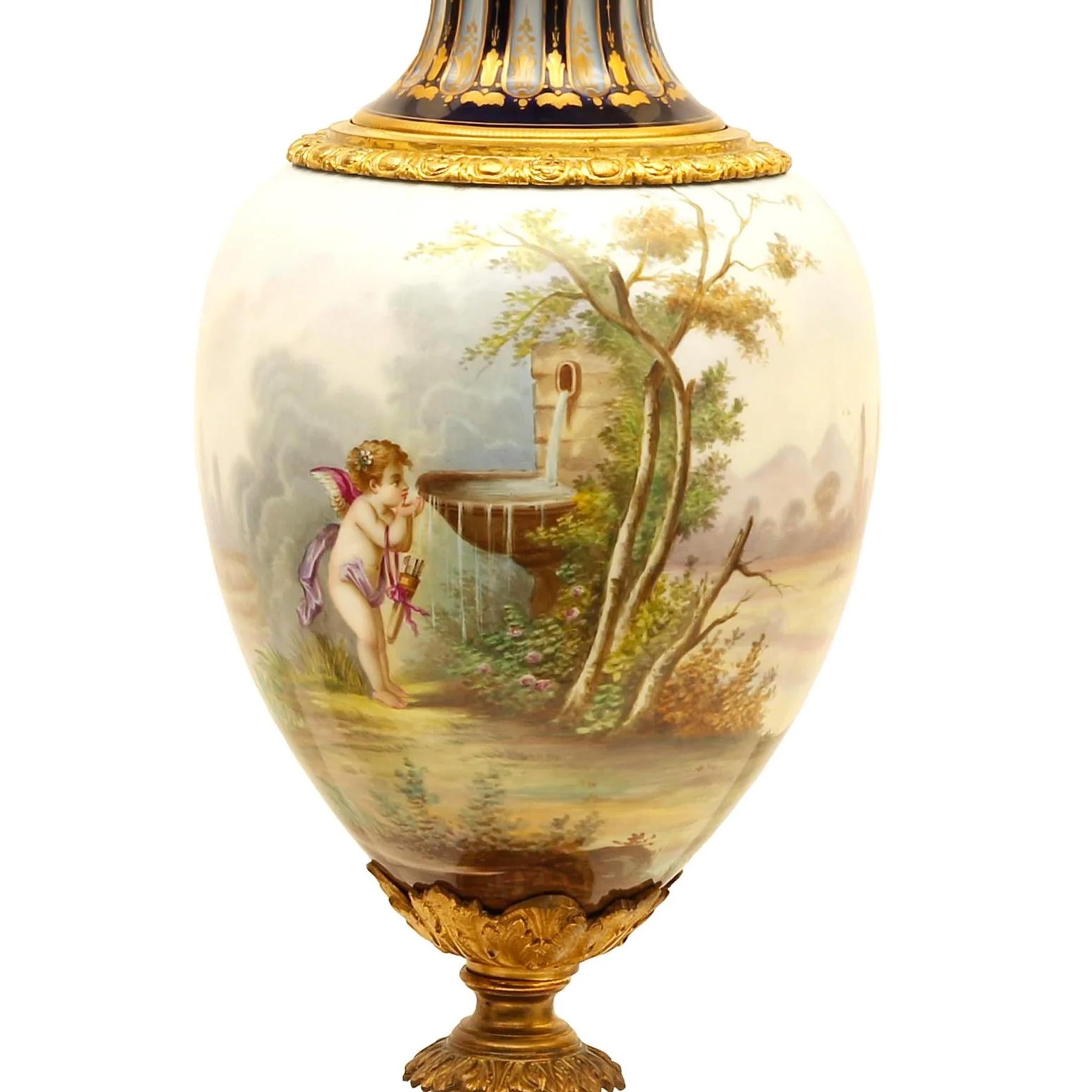 French Gilt Bronze-Mounted Amphora Shaped Sèvres Style Porcelain Vase and Cover For Sale