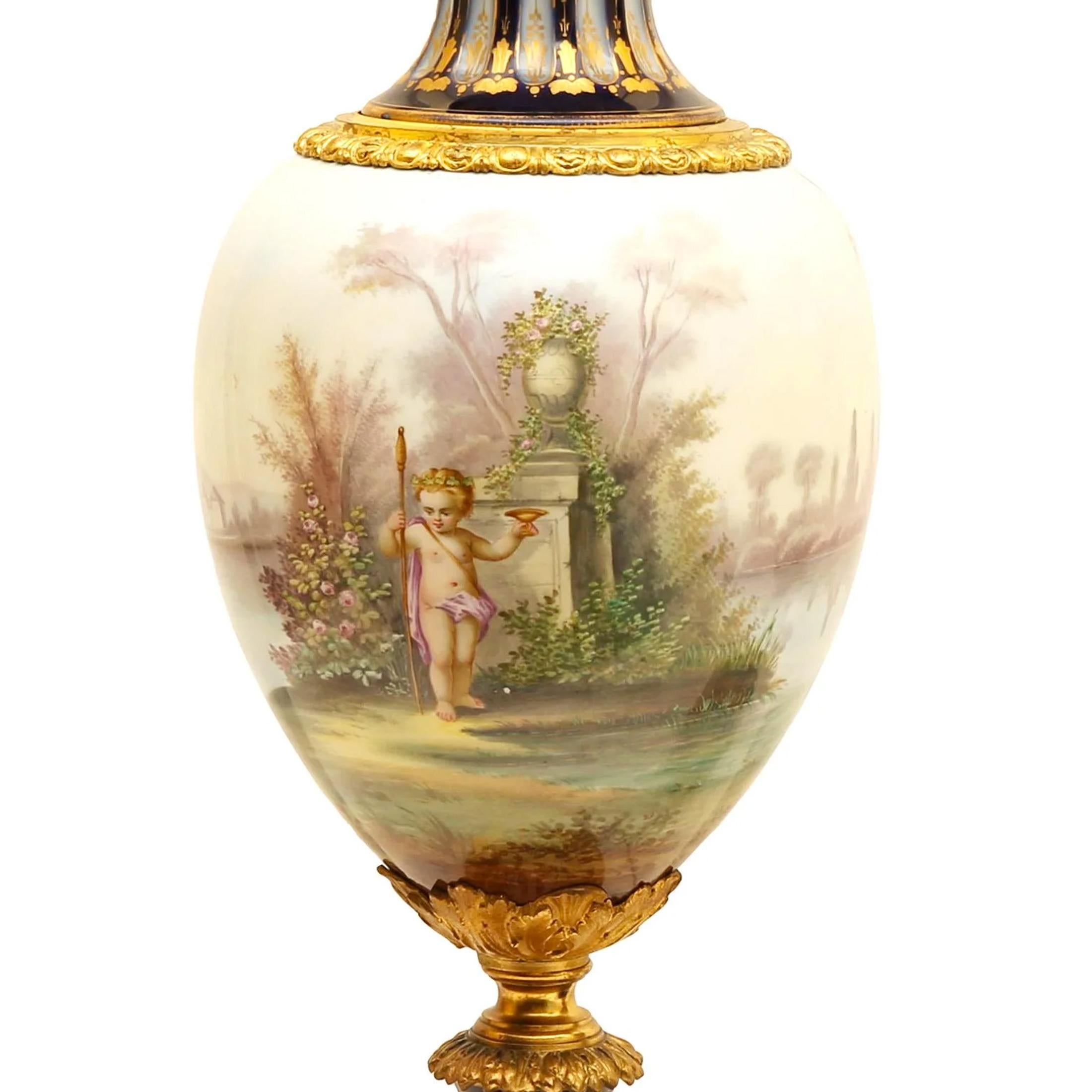 Gilt Bronze-Mounted Amphora Shaped Sèvres Style Porcelain Vase and Cover In Excellent Condition For Sale In New York, NY