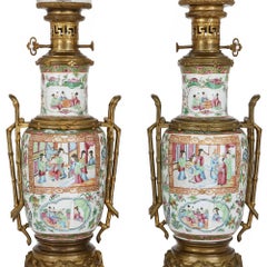 Gilt Bronze Mounted Chinese Canton Famille Rose Porcelain Lamps
