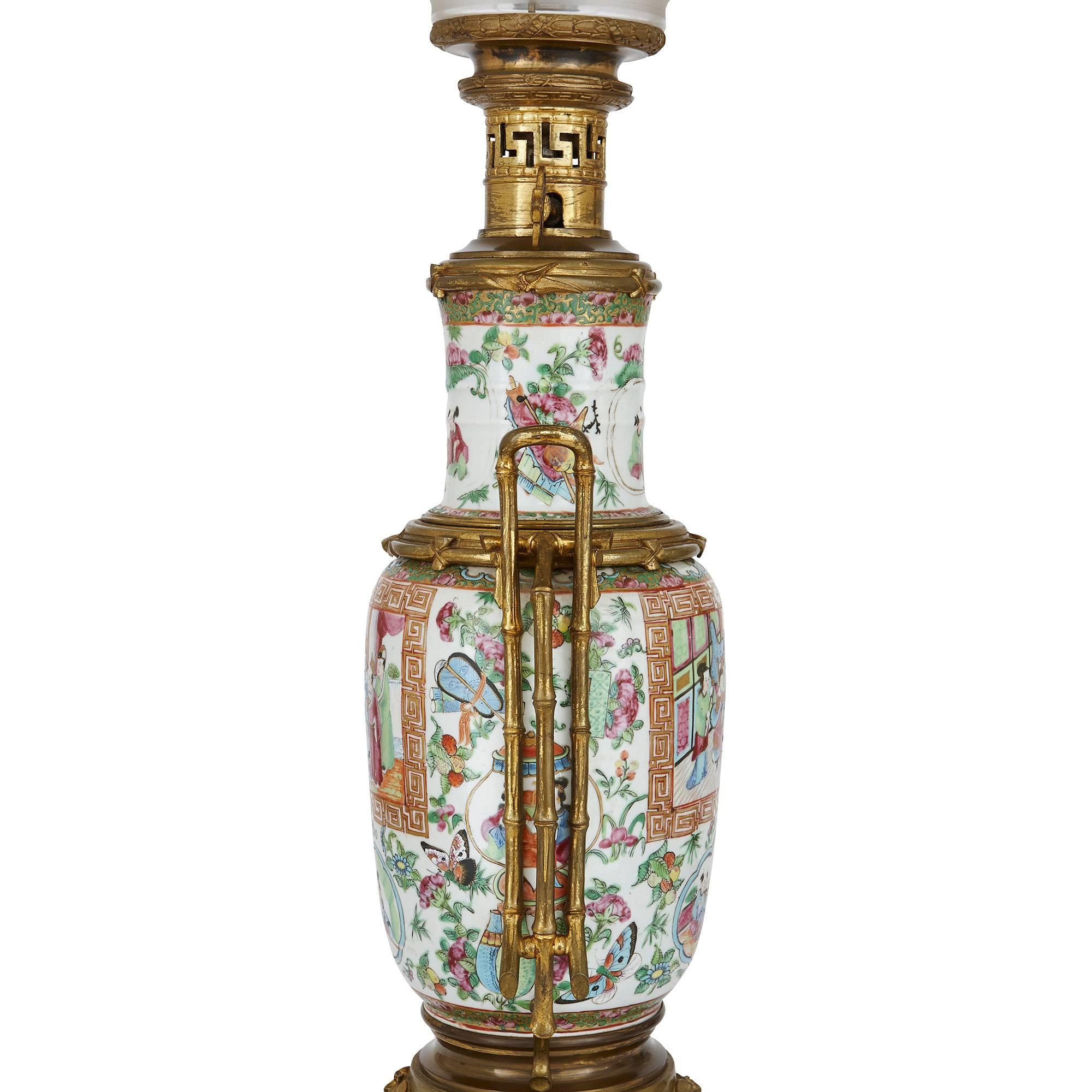 Chinese Export Gilt Bronze Mounted Chinese Canton Famille Rose Porcelain Lamps For Sale