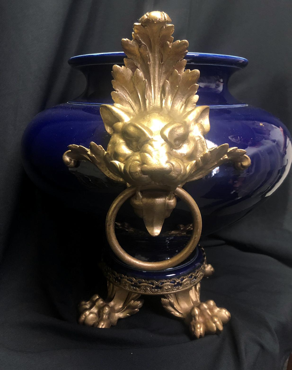 Gilt Bronze Mounted Cobalt Blue Porcelain Centerpiece In Good Condition For Sale In Cypress, CA