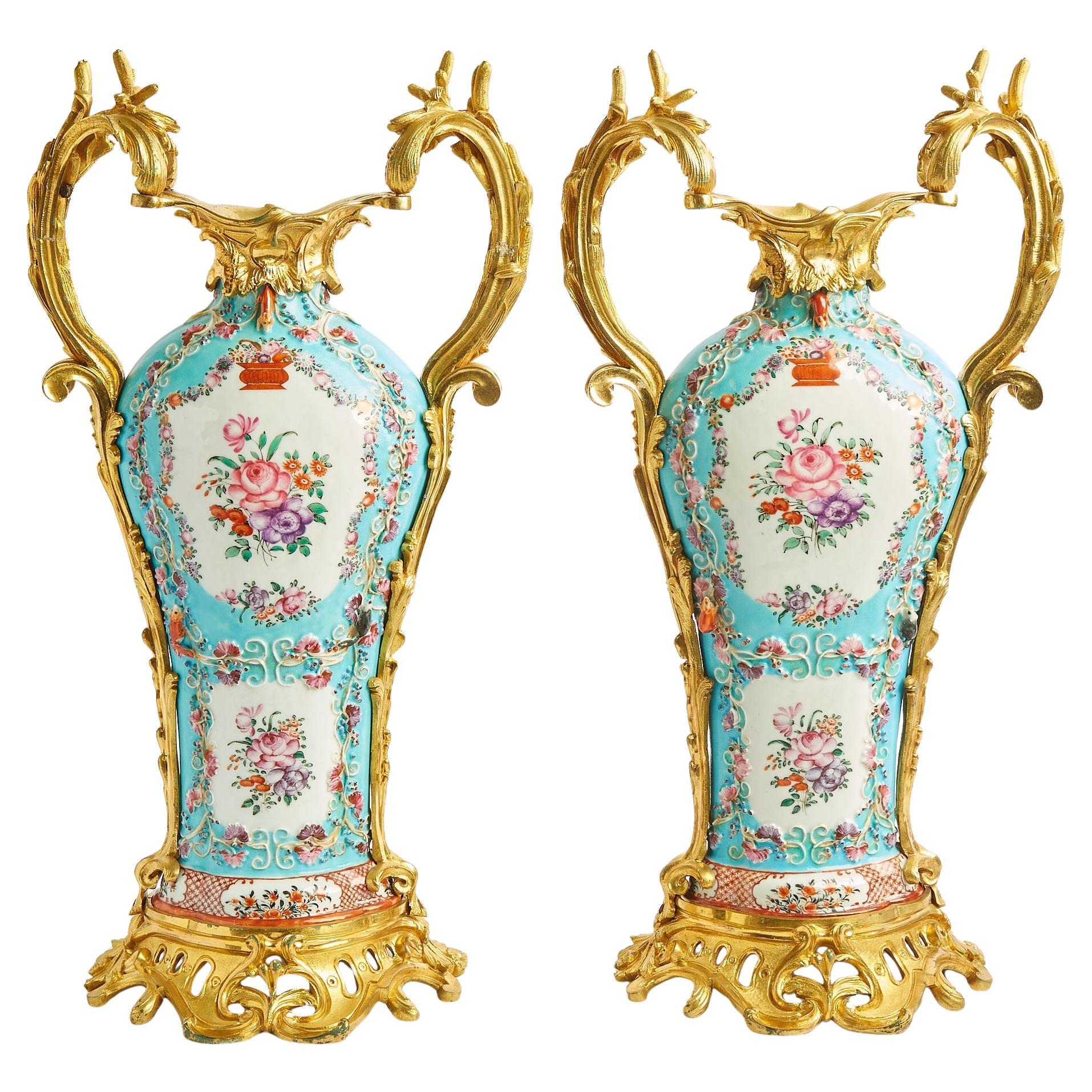 Gilt Bronze-Mounted English Samson Porcelain Decorative Urns