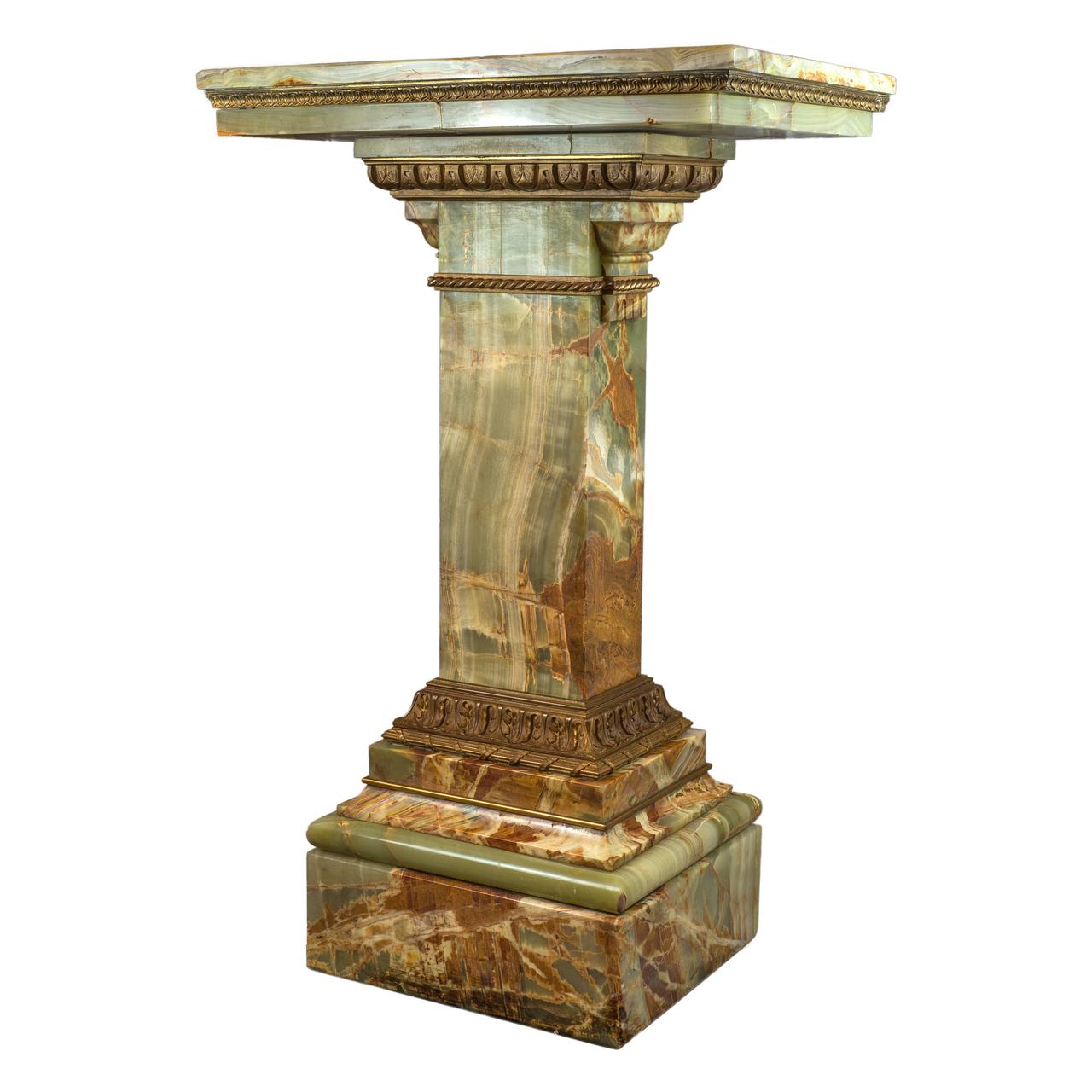 This fine pedestal is of rectangular revolving top section with a fine gilt-bronze mounted capitol, acanthus and anthemion devices. The pedestal is raised on a square section base.
Origin: French
Date: 19th century
Dimension: 42 in x 26 1/2 in x
