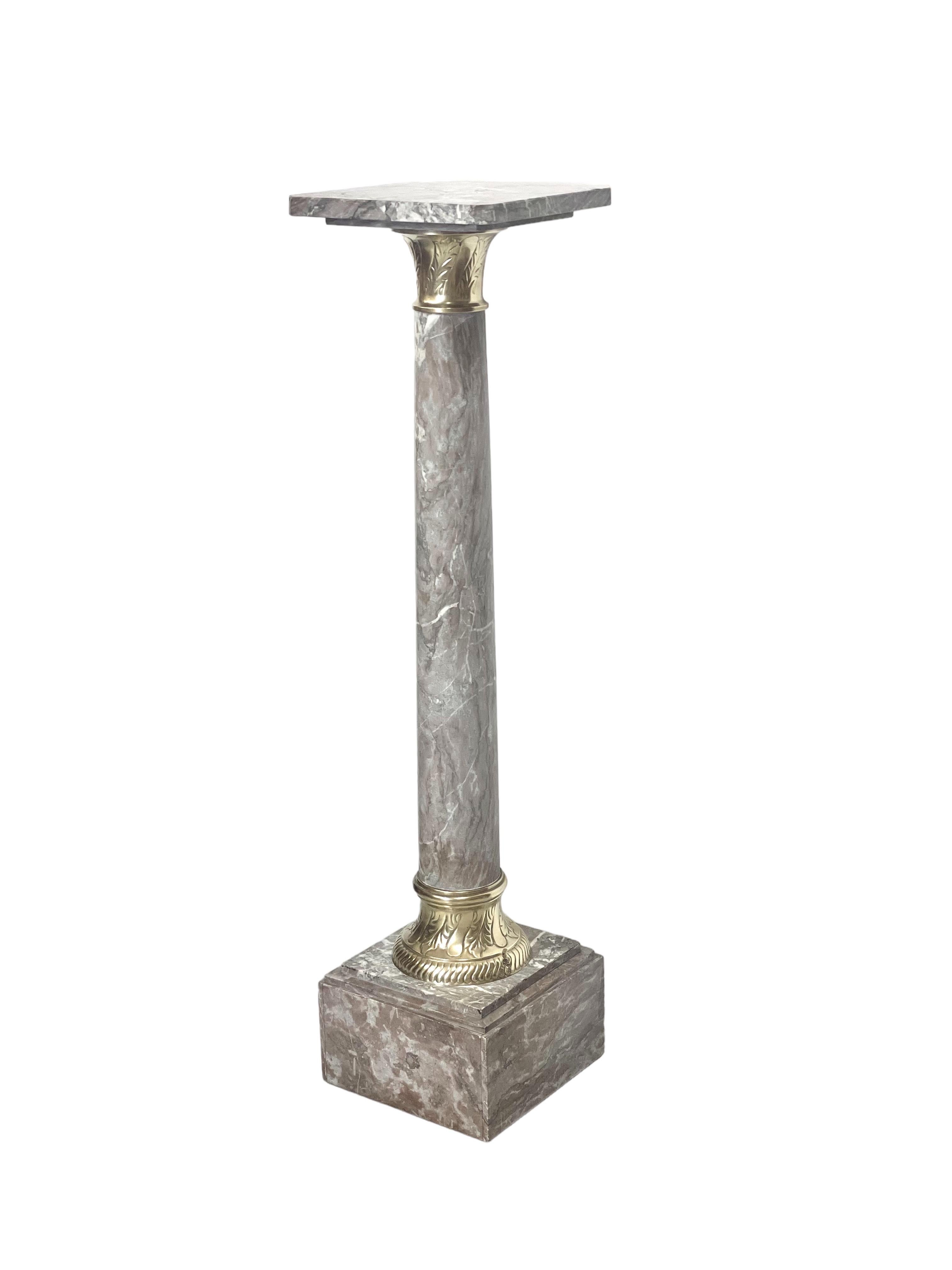 French Grey Marble Pedestal with Gilt Bronze in a Louis XVI Style For Sale