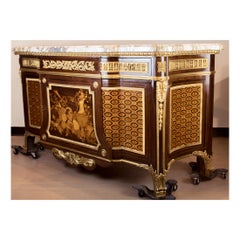 Gilt Bronze Mounted Mahogany and Fruitwood Marquetry and Parquetry Commode