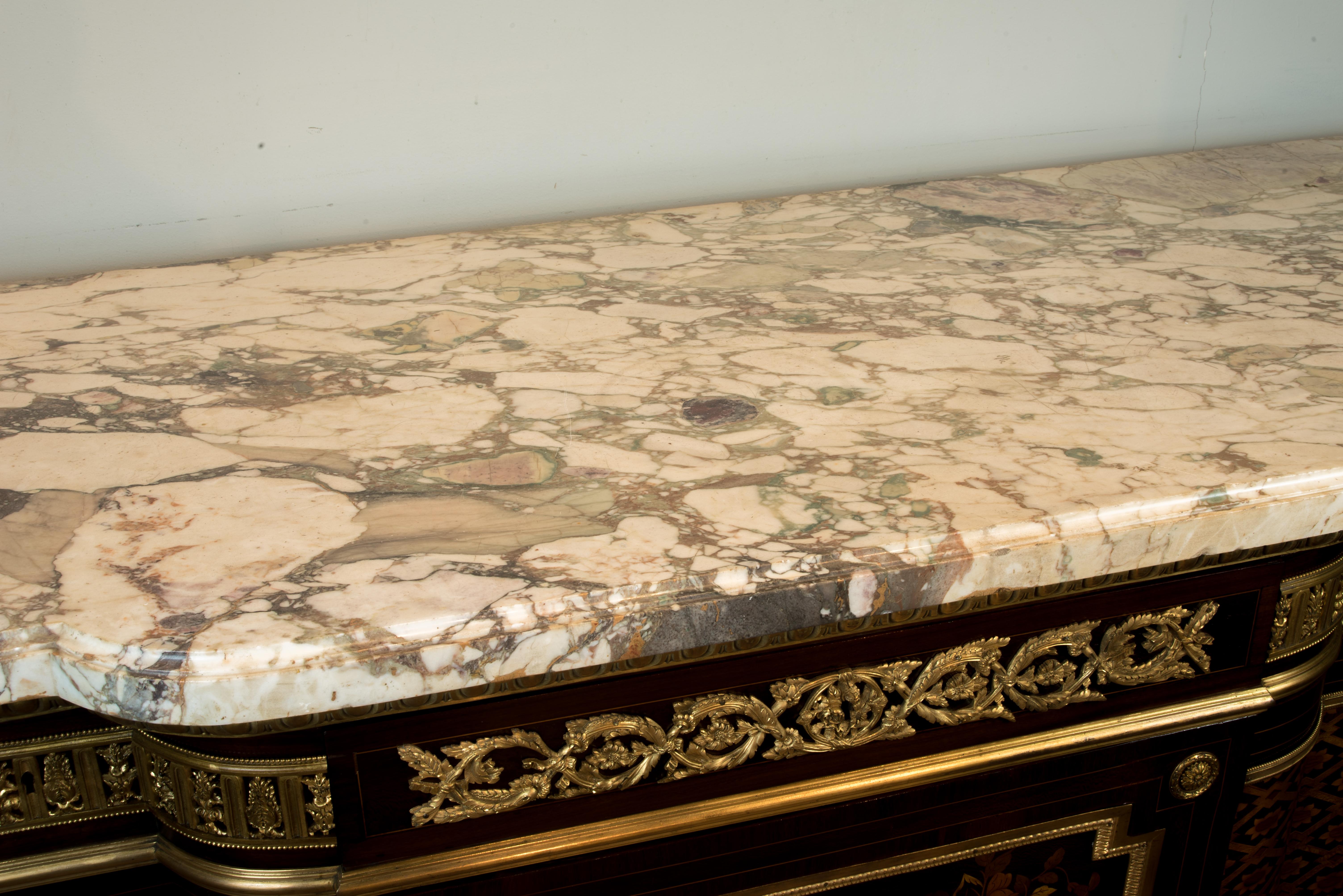 19th Century Gilt Bronze Mounted Mahogany and Fruitwood Marquetry and Parquetry Commode For Sale