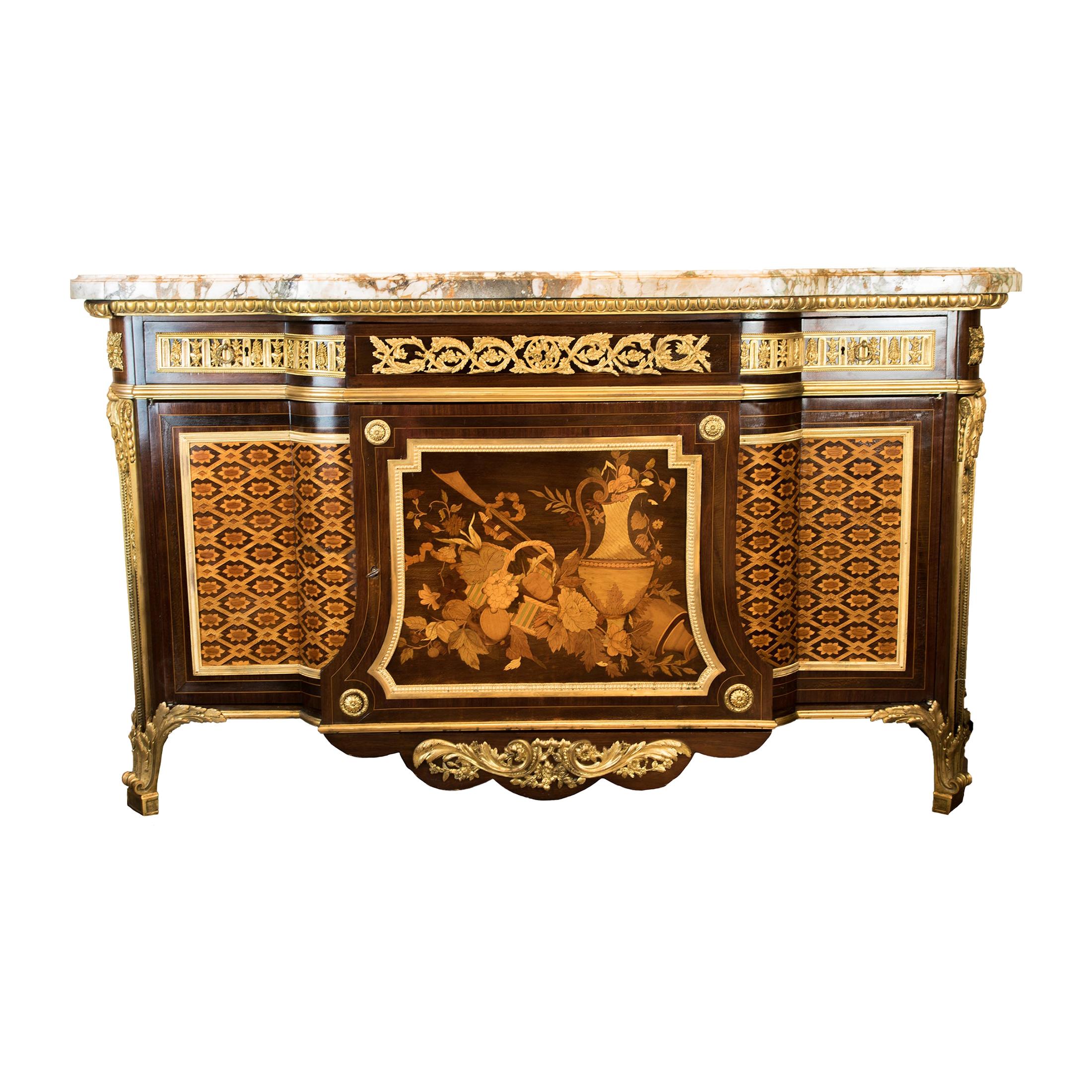 Gilt Bronze Mounted Mahogany and Fruitwood Marquetry and Parquetry Commode