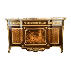 Antique Gilt Bronze Mounted Mahogany and Fruitwood Marquetry and Parquetry Commode