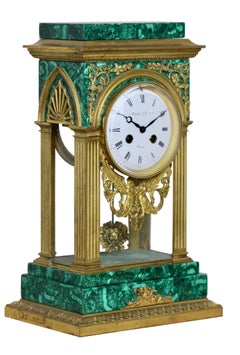 Gilt Bronze Mounted Malachite Mantel Clock, Louis XVI Style Maple & Co.