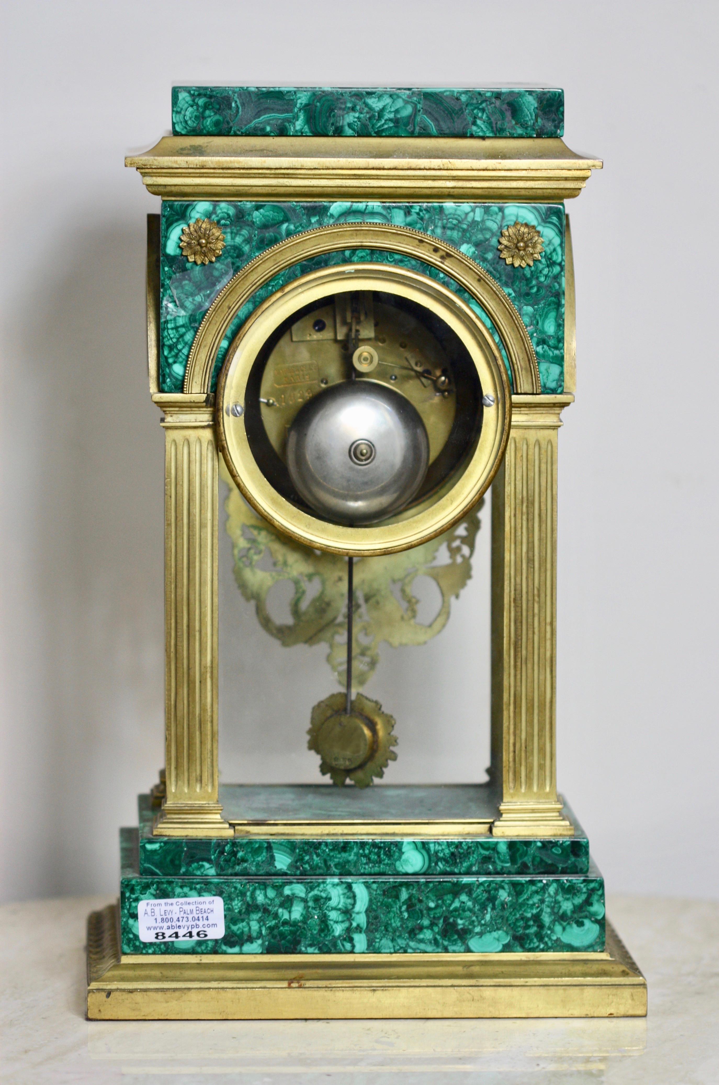 Gilt Bronze Mounted Malachite Mantel Clock, Louis XVI Style Maple & Co. In Good Condition In West Palm Beach, FL