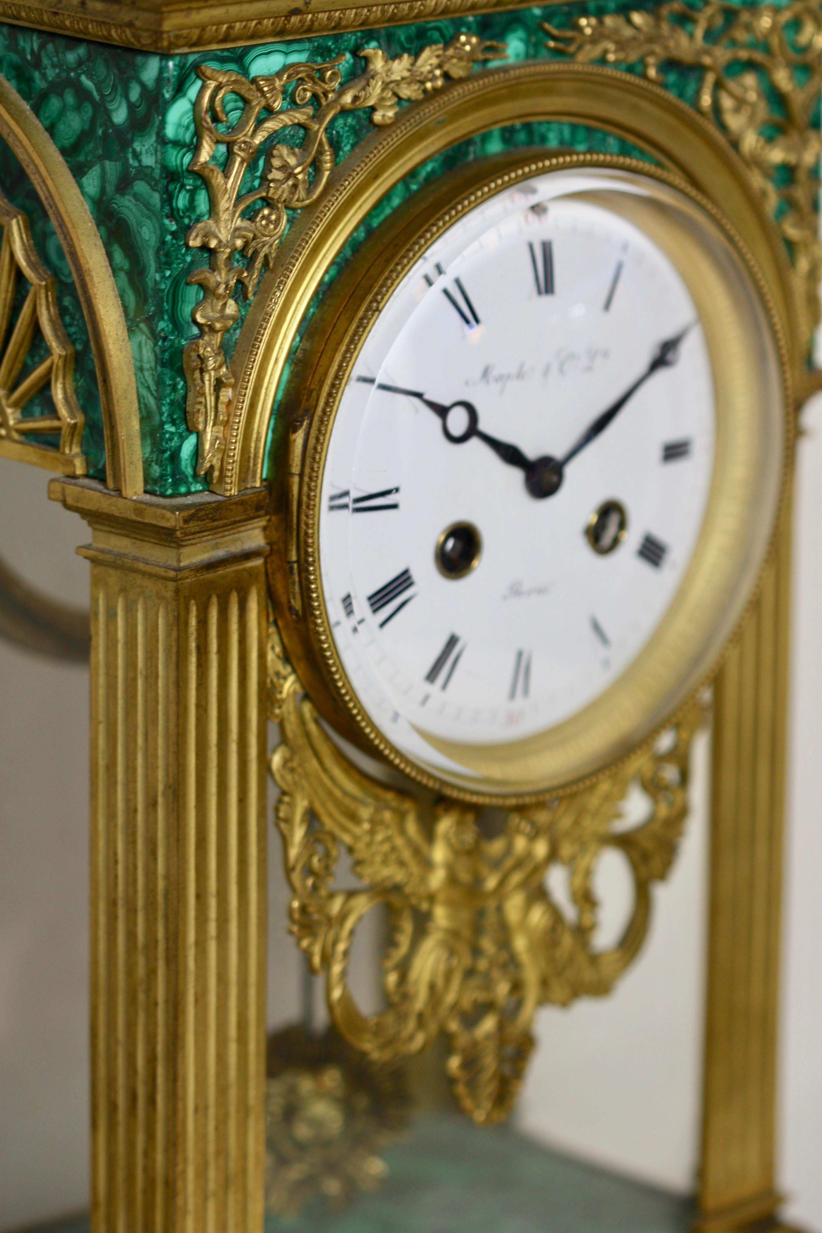 19th Century Gilt Bronze Mounted Malachite Mantel Clock, Louis XVI Style Maple & Co.