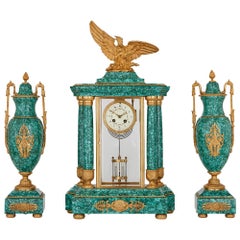 Antique Gilt Bronze Mounted Malachite Three Piece Clock Garniture
