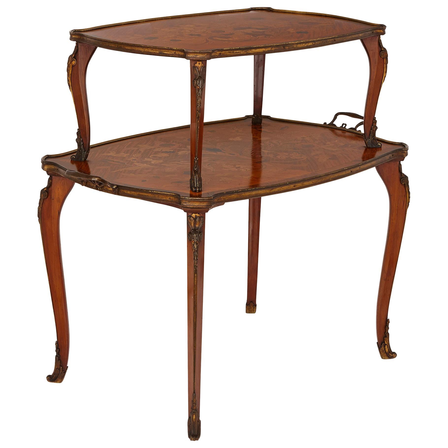 Gilt Bronze Mounted Marquetry Two-Tier Table by Edwards & Roberts