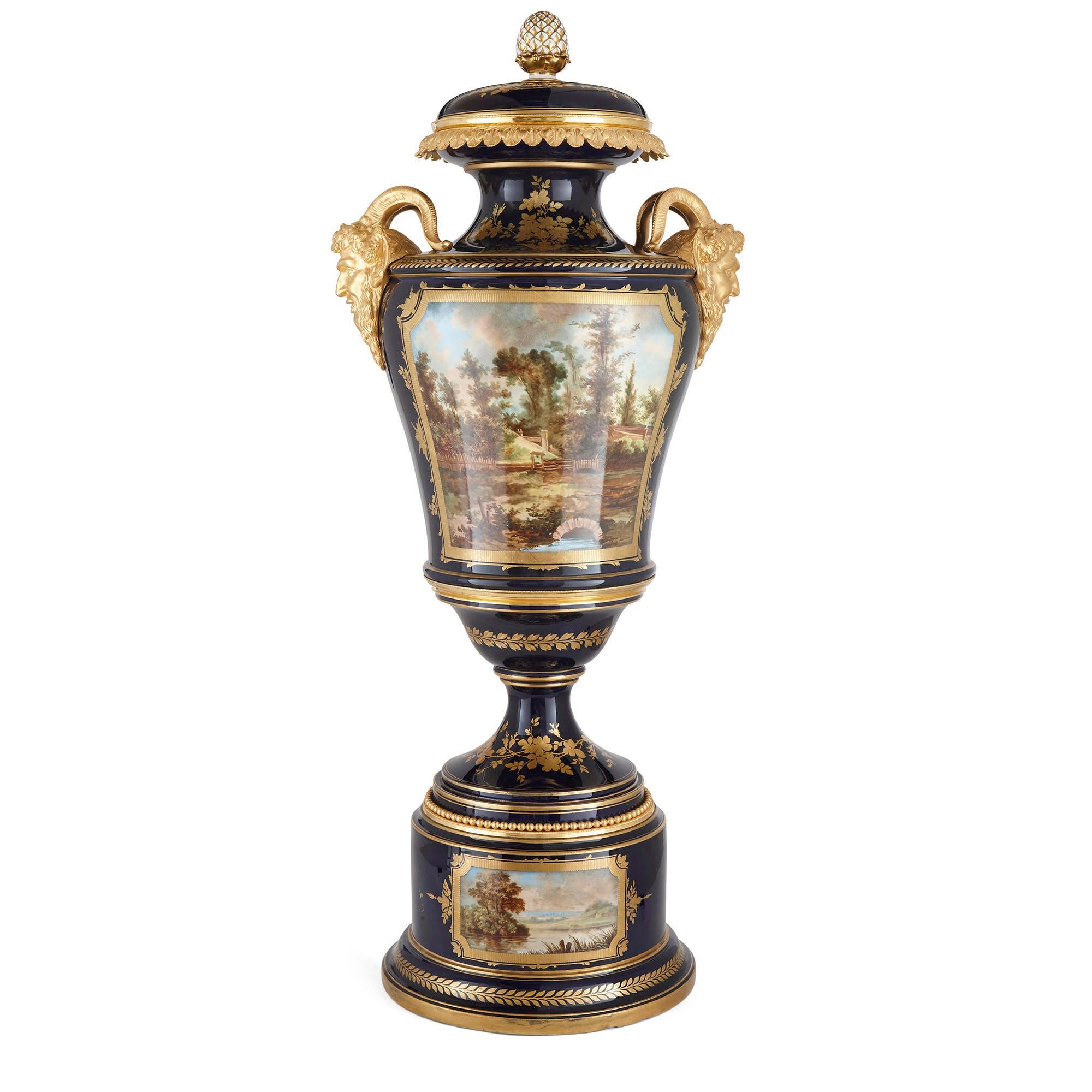Gilt bronze mounted porcelain vase in the manner of Sèvres,
French, late 19th Century
Measures: Height 123cm, width 53cm, depth 42cm

This large porcelain vase demonstrates the best of late 19th century French design. The vase is wrought from
