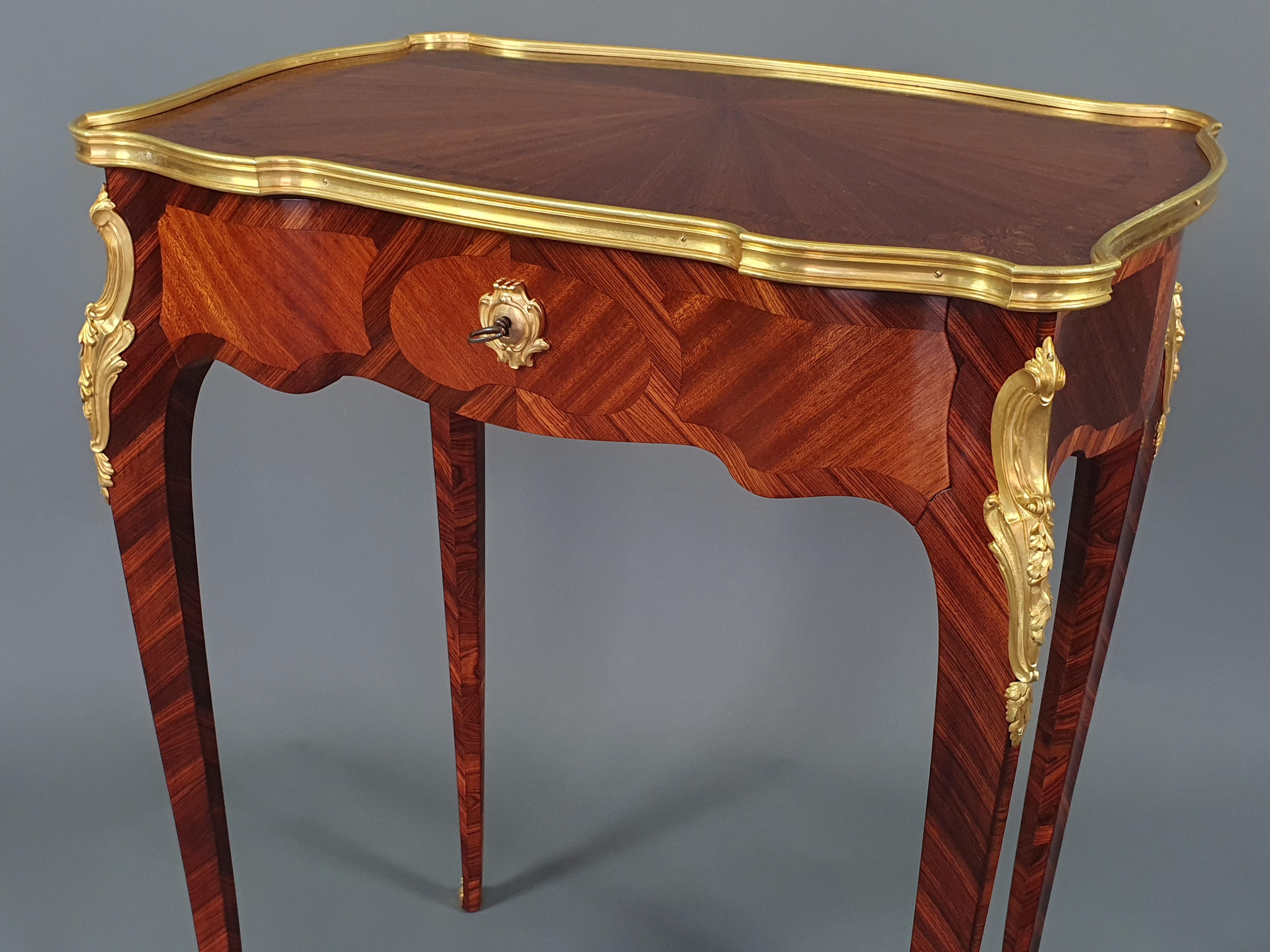 French Gilt Bronze Mounted Table D'appoint in Marquetry in the Style of François Linke For Sale