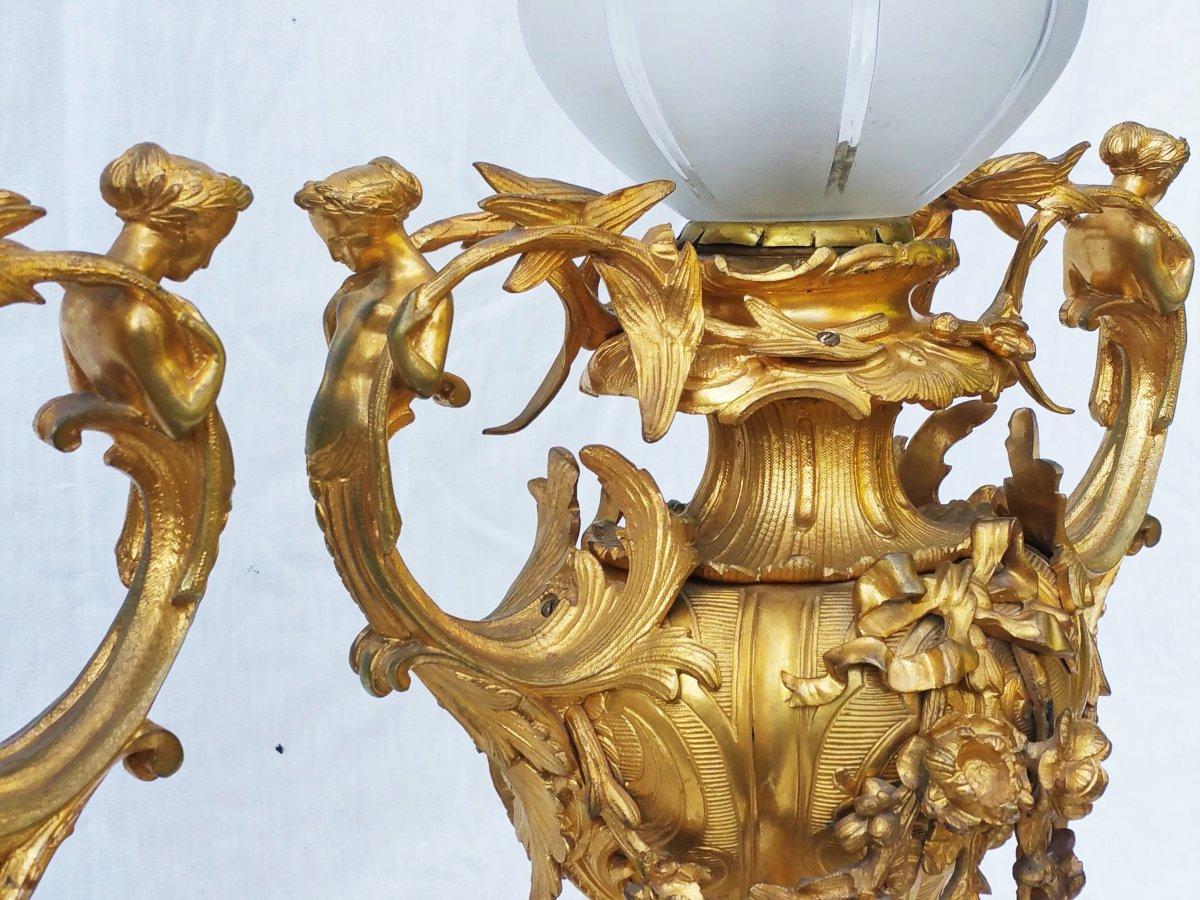 Napoleon III pair of old candelabra beautifully decorated with cariarhides turned into exceptional table lamps carving in top quality of gilt bronze, 11 kilos per piece, gilding of origin in very good state, some light zones are dedorées but really