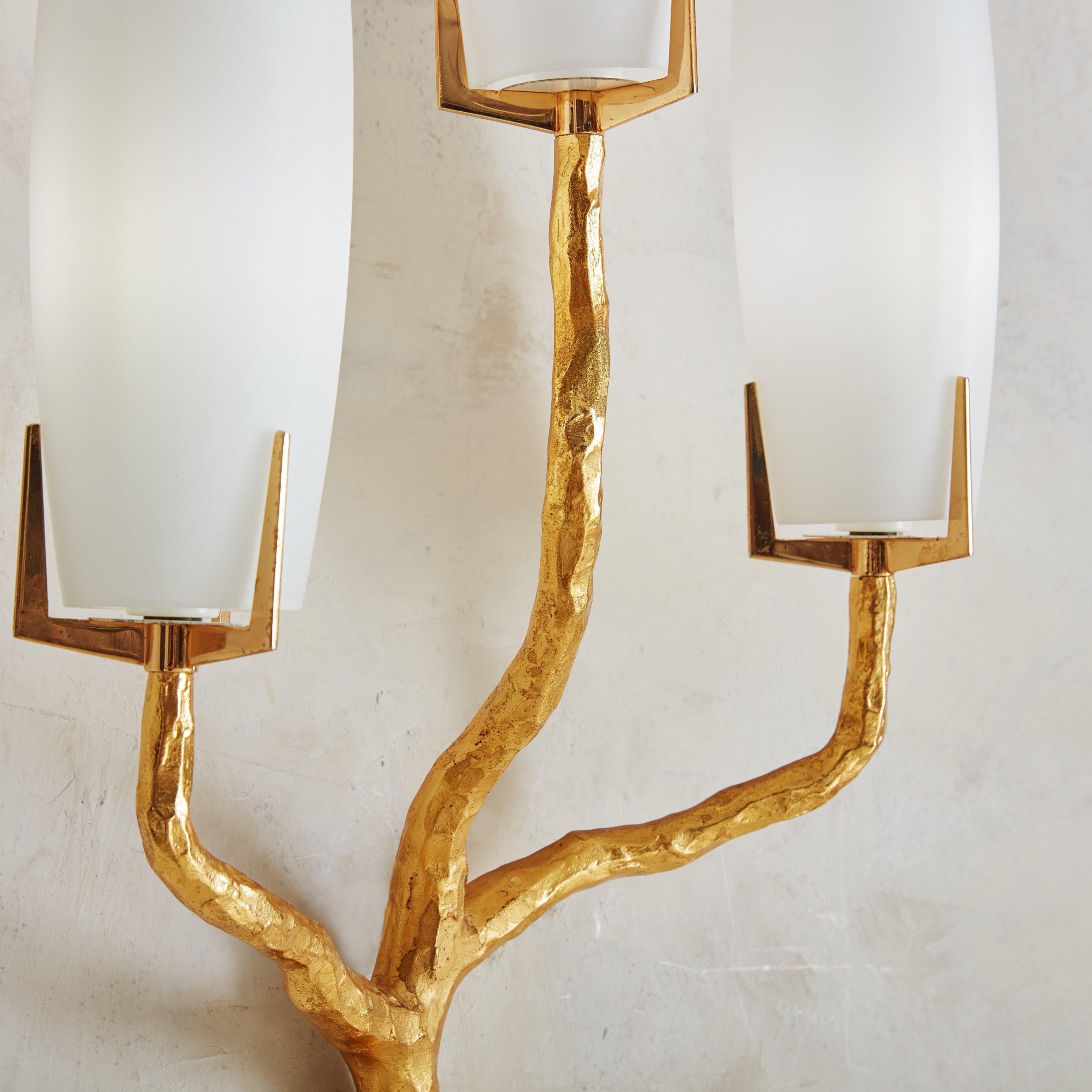 Mid-Century Modern Gilt Bronze + Opaline Glass Sconce by Maison Arlus, France 1960s For Sale