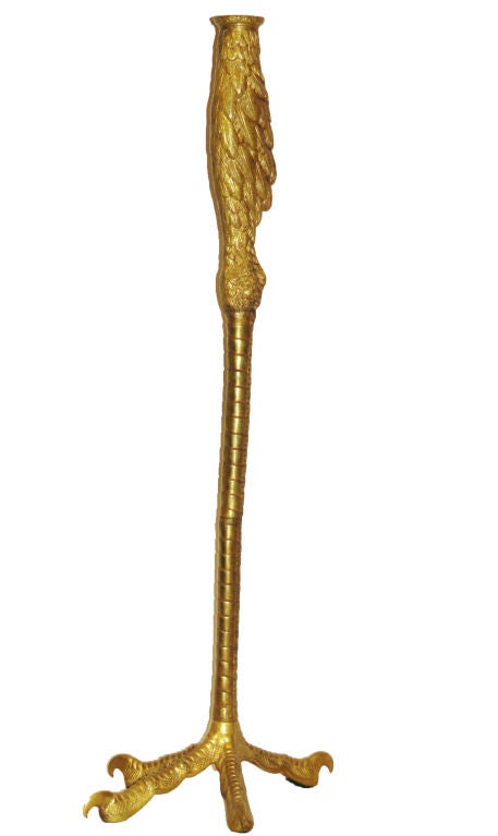 A circa 1920s French gilt bronze ostrich leg candlestick or floor lamp.

Measurements:
Height 33
