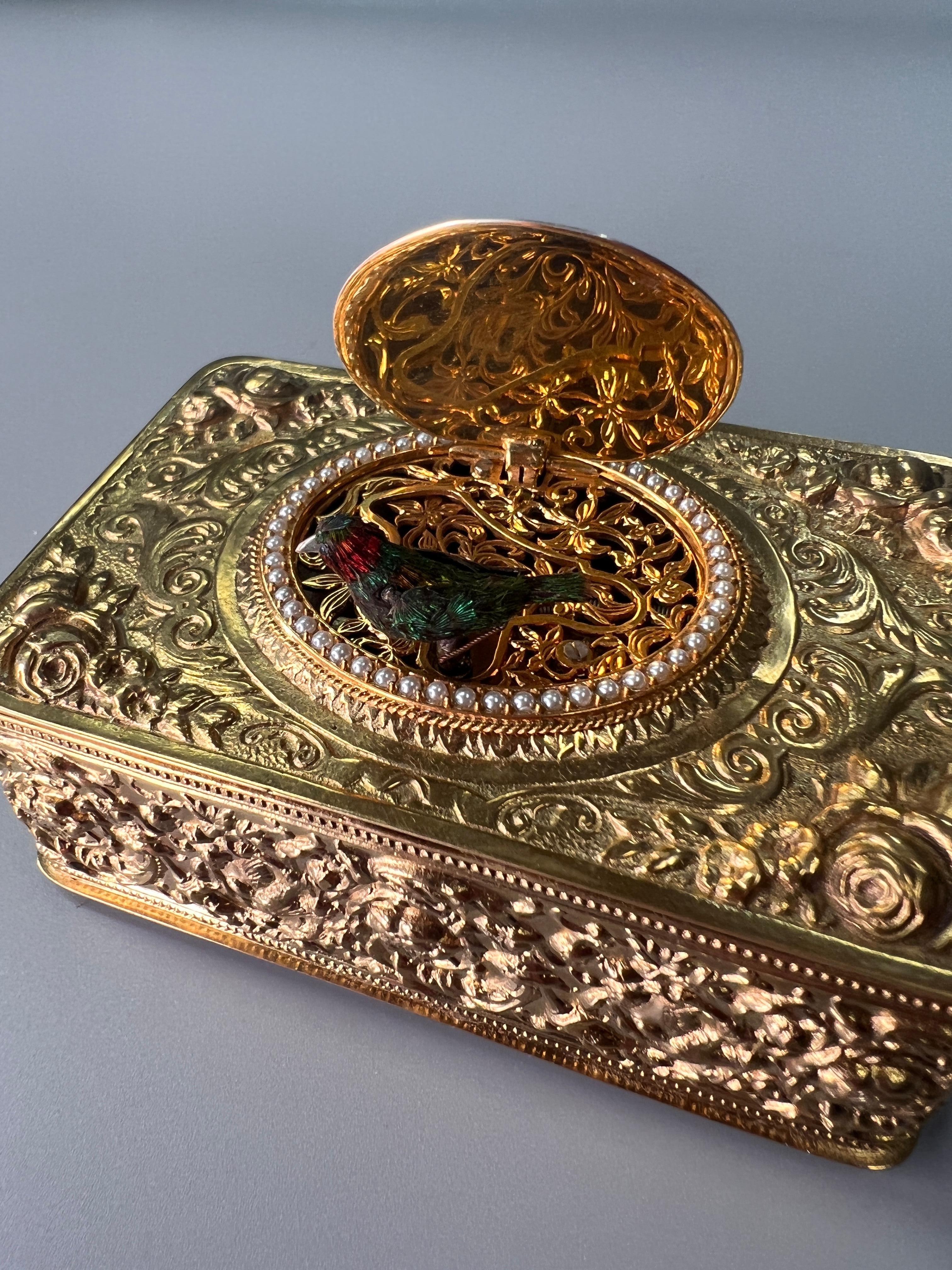 Gilt Bronze, Pearl and Enamel Singing Bird Box by Bontems, circa 1890 In Good Condition For Sale In London, GB