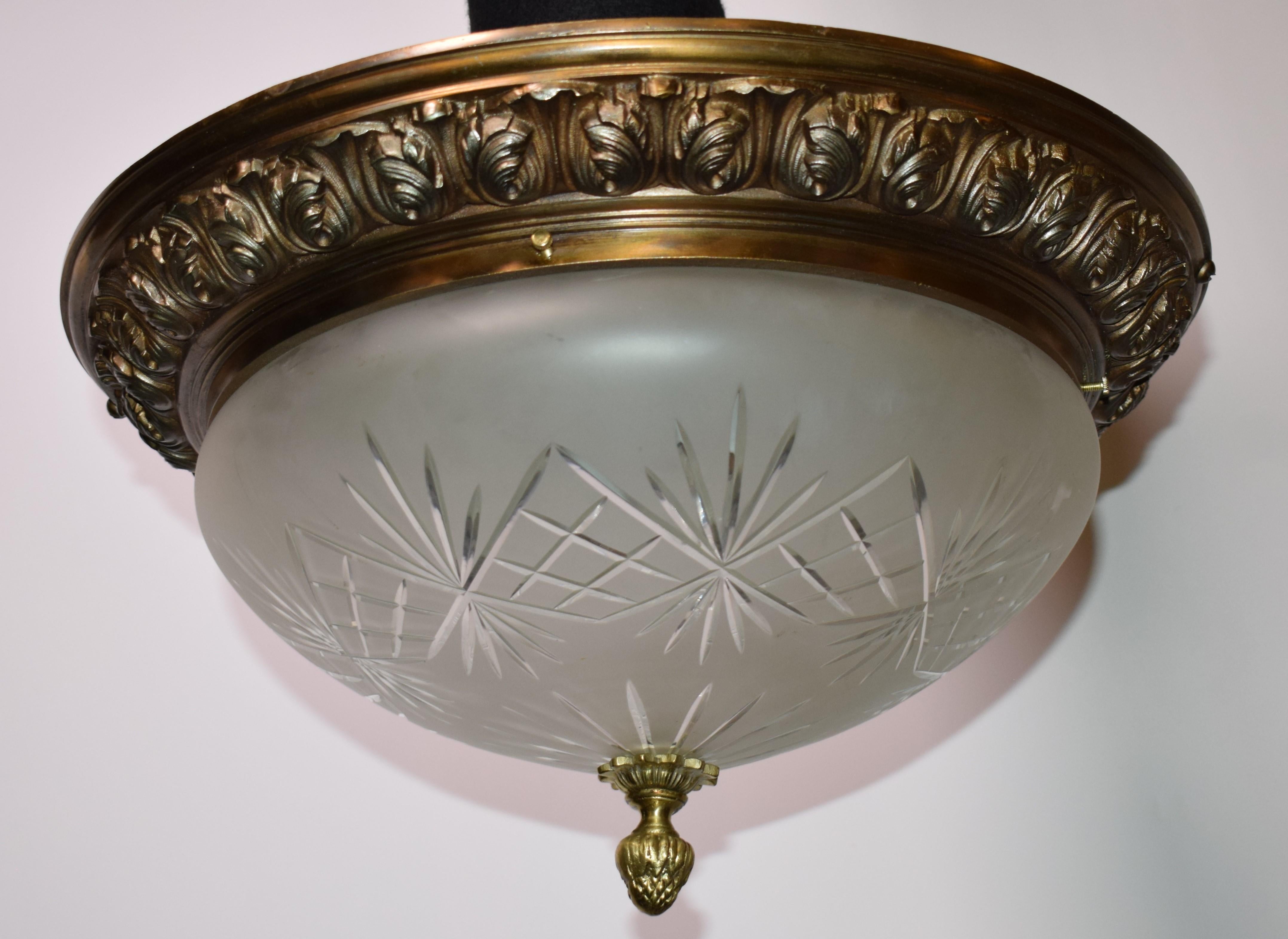 Gilt Bronze pendant with etched & frosted glass globe. France, circa 1910. 2 lights.
ARD.