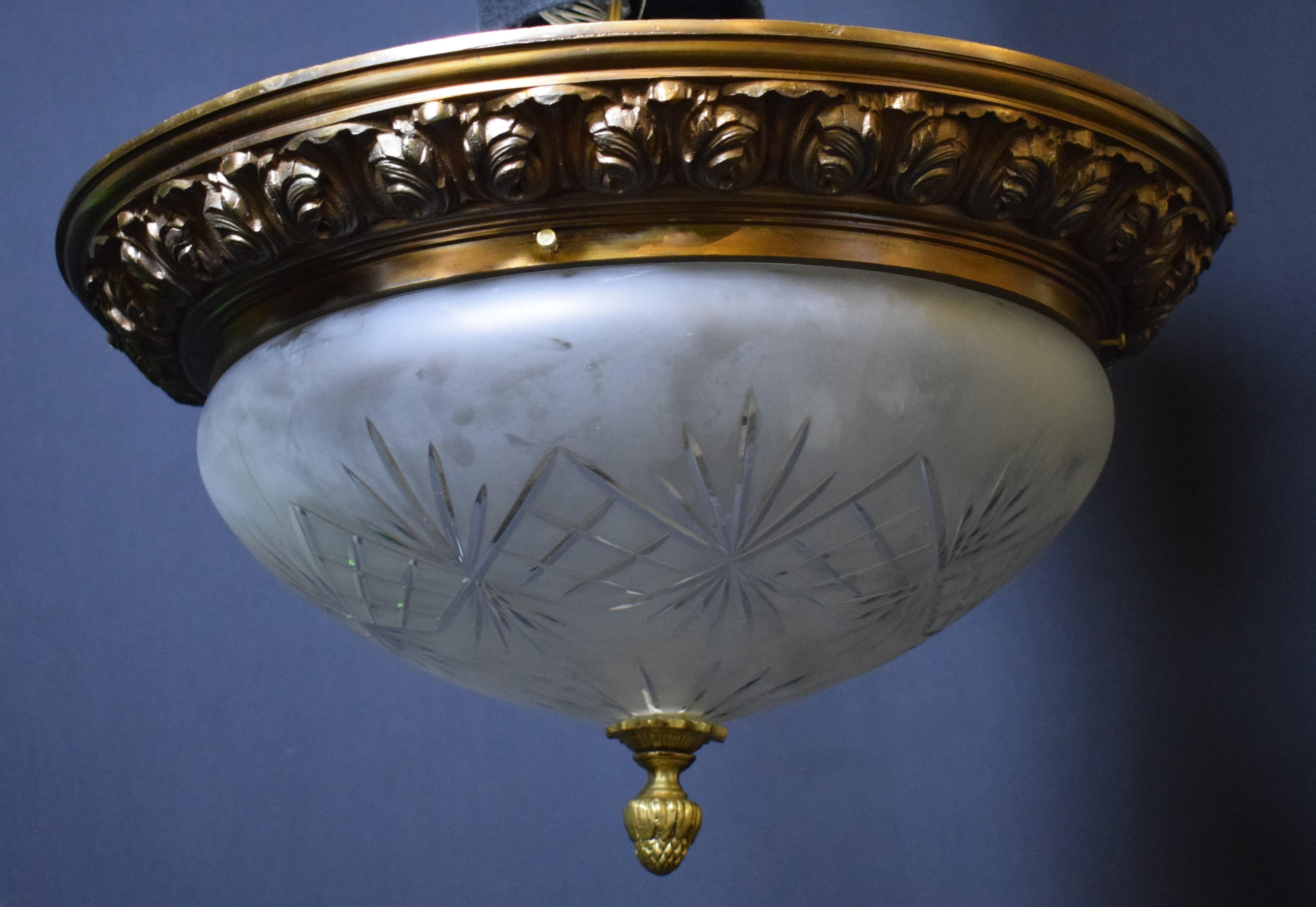 French Gilt Bronze Pendant with Etched & Frosted Glass Globe