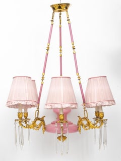 Gilt Bronze & Pink Milk Glass 6 Arm Chandelier
