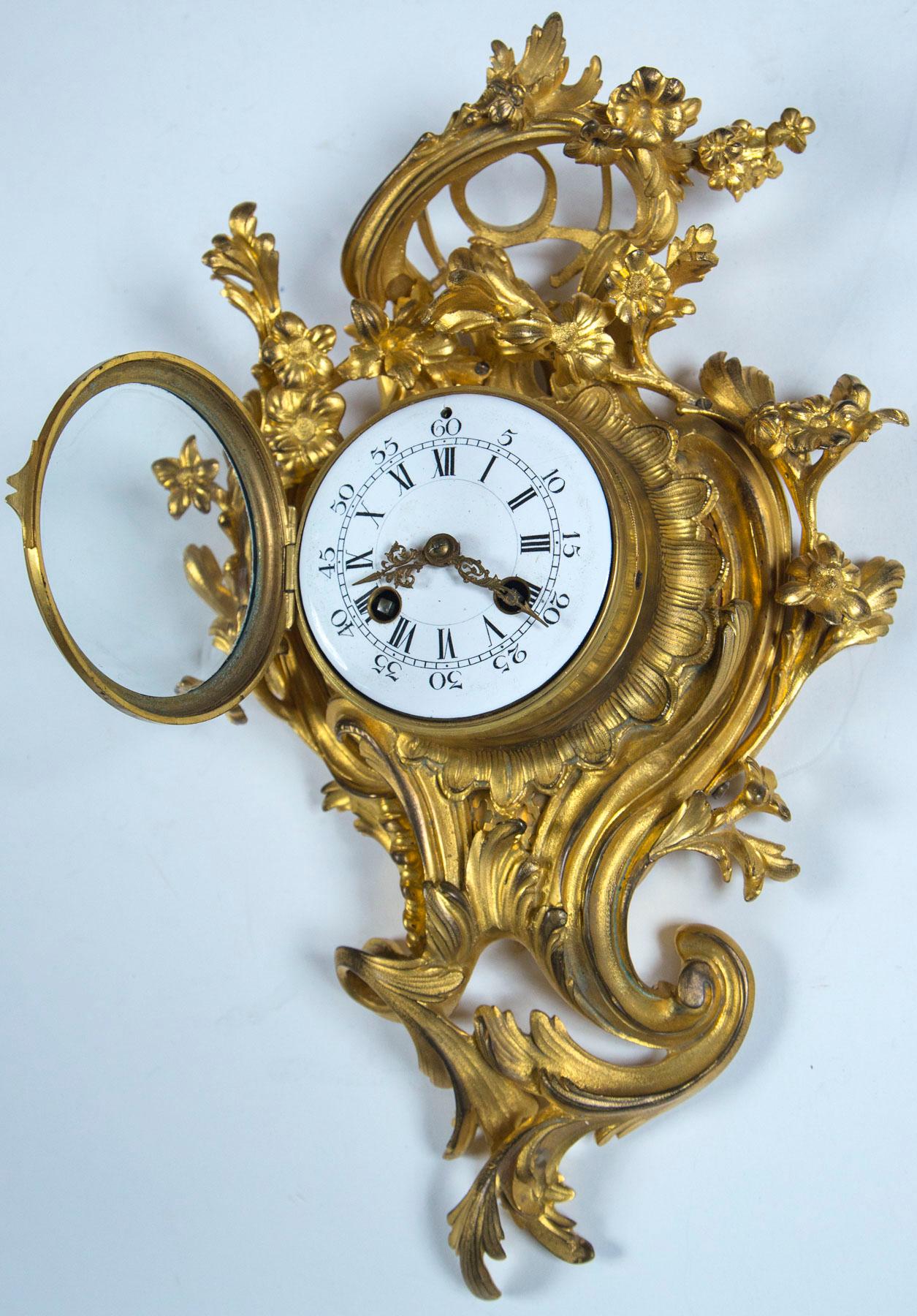 19th Century Gilt Bronze Rococo Cartel or Wall Clock For Sale