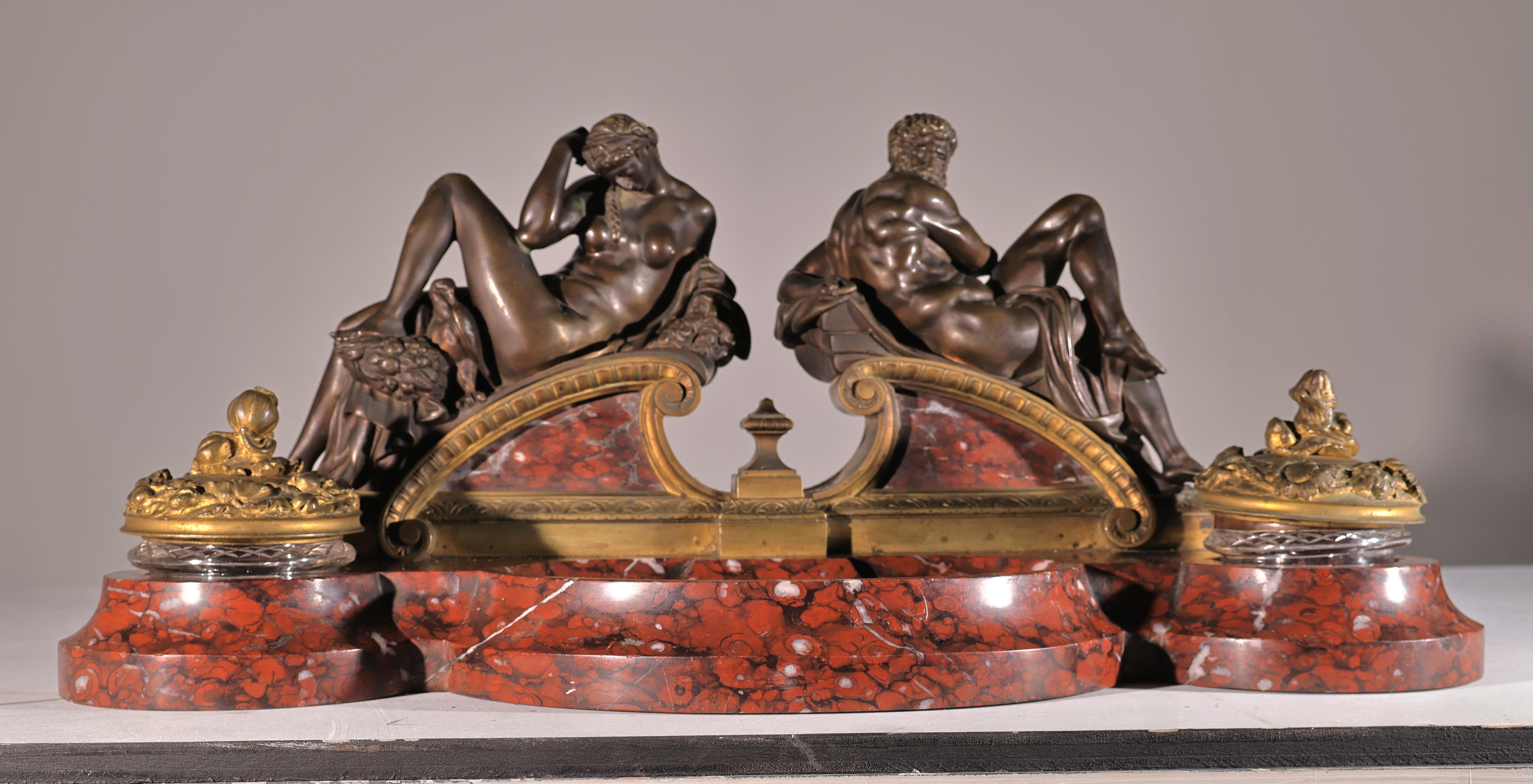 A Very Fine Rouge Griotte Marble Inkwell with Bronze Statuettes representing 