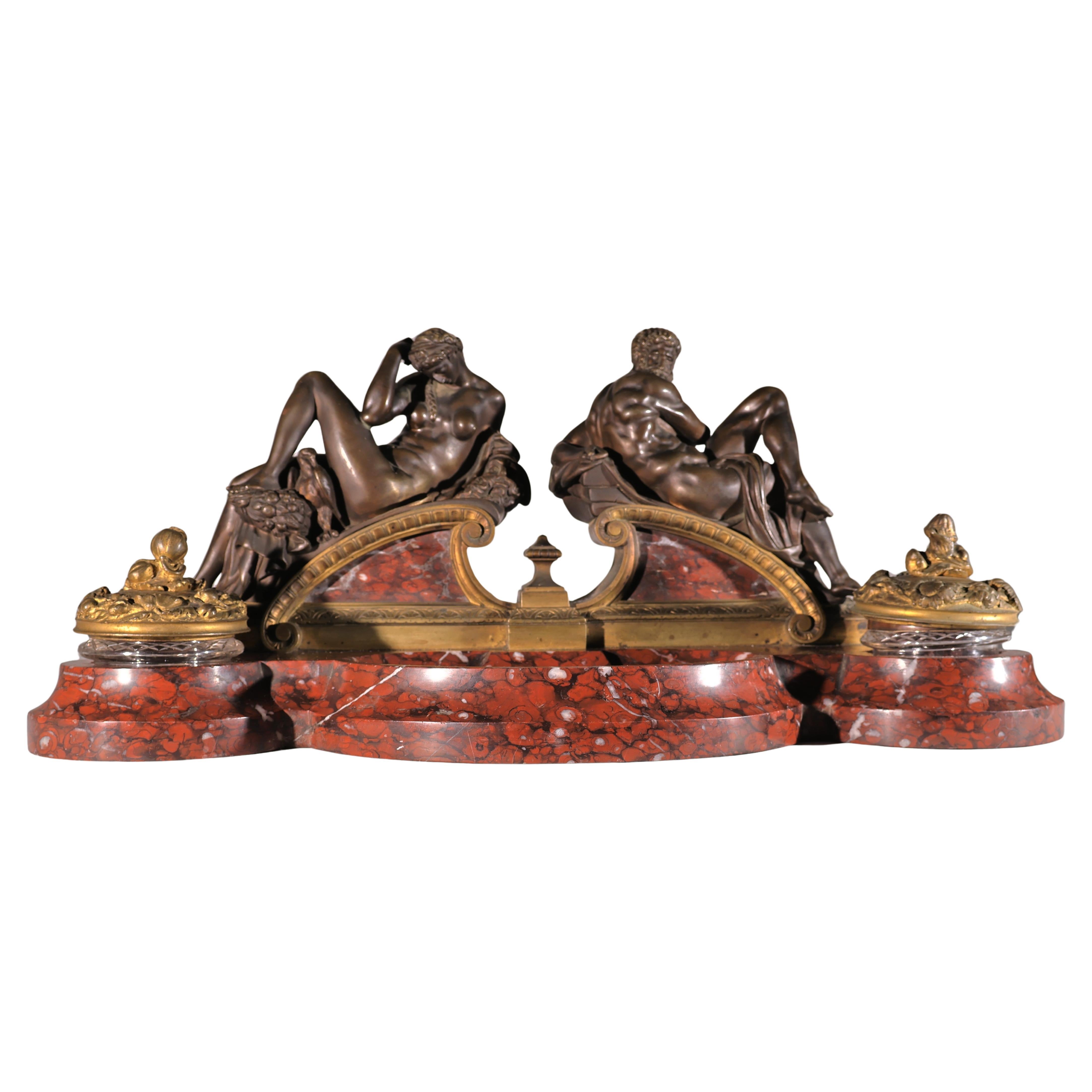 Gilt Bronze 
Rouge Griotte Marble Inkwell For Sale