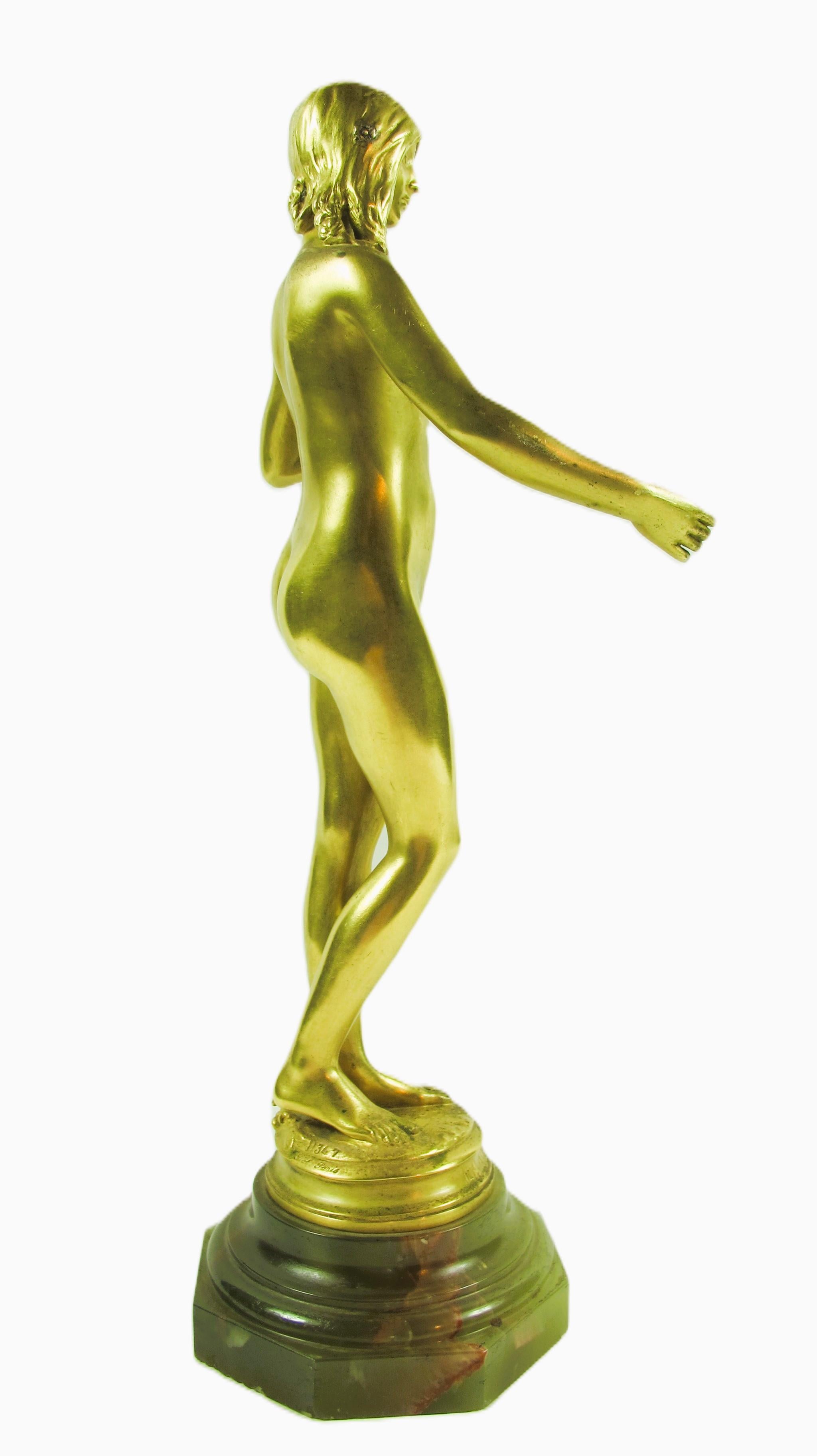 Gilt bronze print representing a naked young woman with a wild rose flower at her feet. Signed on the Antonin Carles terrace and titled “La Jeunesse”. Foundry mark Siot-Decauville Fondeur, Paris and numbered D347. Base in green Algerian onyx marble,