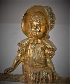 Gilt Bronze Sculpture, Little Girl Setting on Wooden Fence