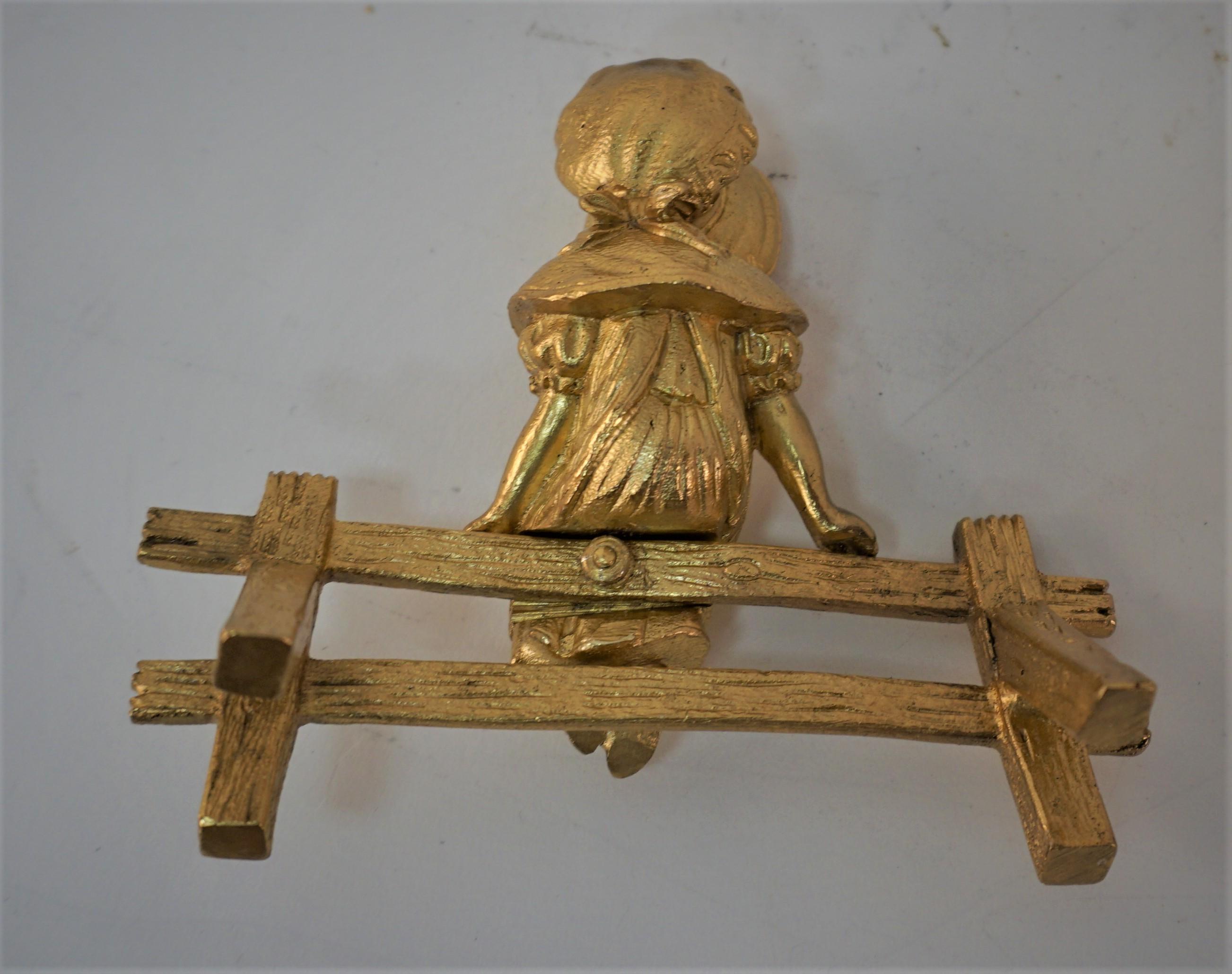 Gilt Bronze Sculpture, Little Girl Setting on Wooden Fence For Sale 2