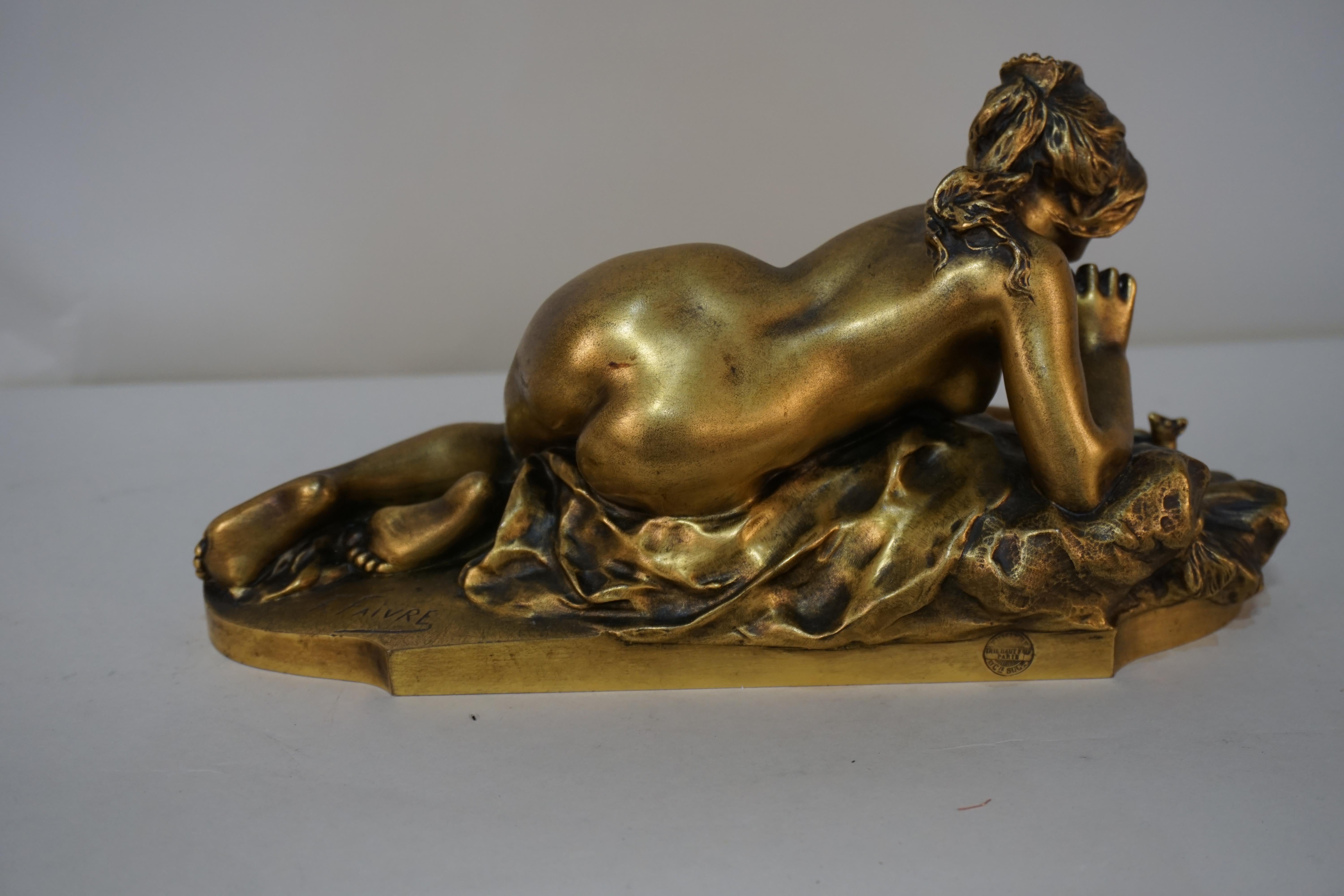 Gilt Bronze Sculpture of Nude Female with Mouse by Ferdinand Faivre In Good Condition In Fairfax, VA