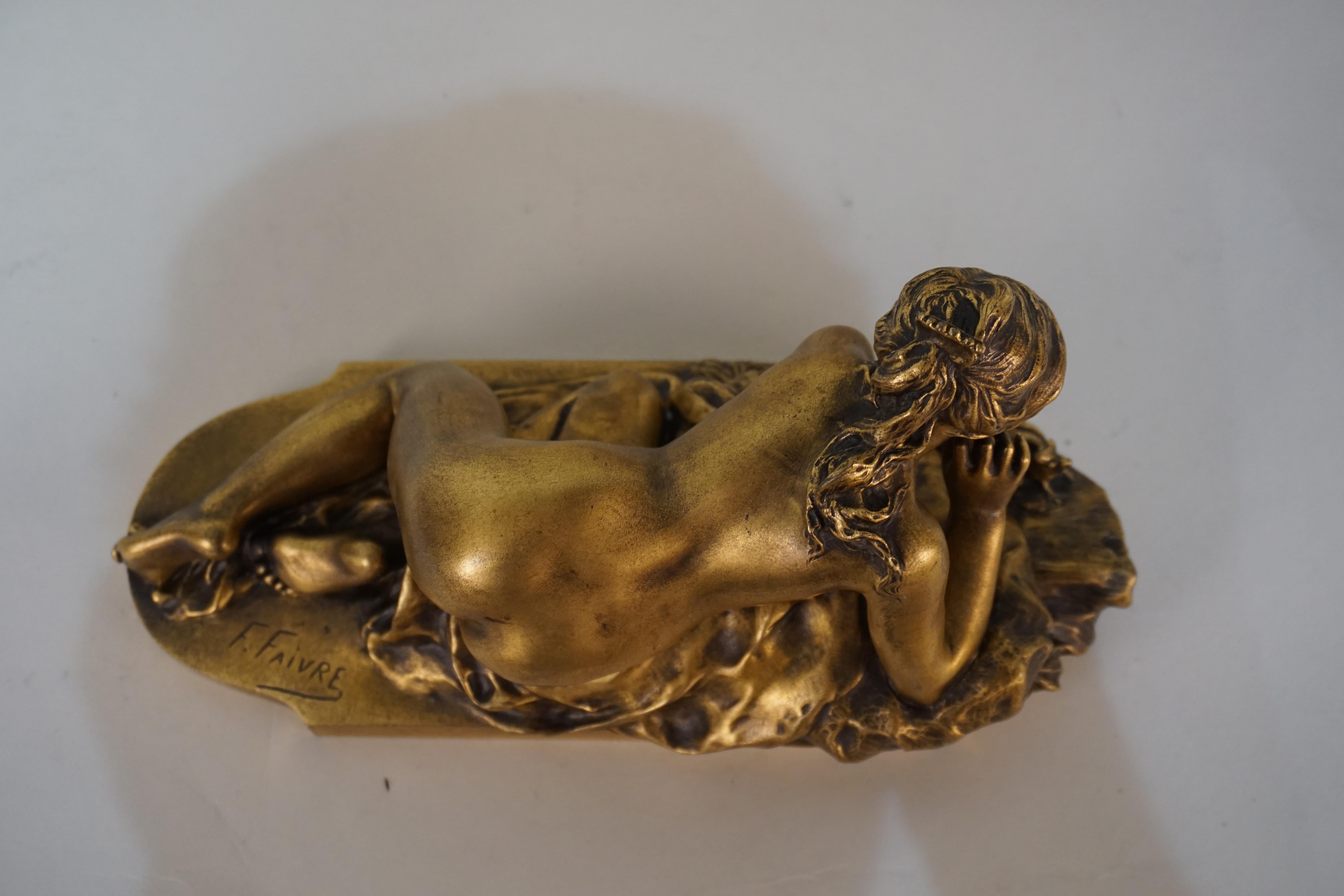 20th Century Gilt Bronze Sculpture of Nude Female with Mouse by Ferdinand Faivre