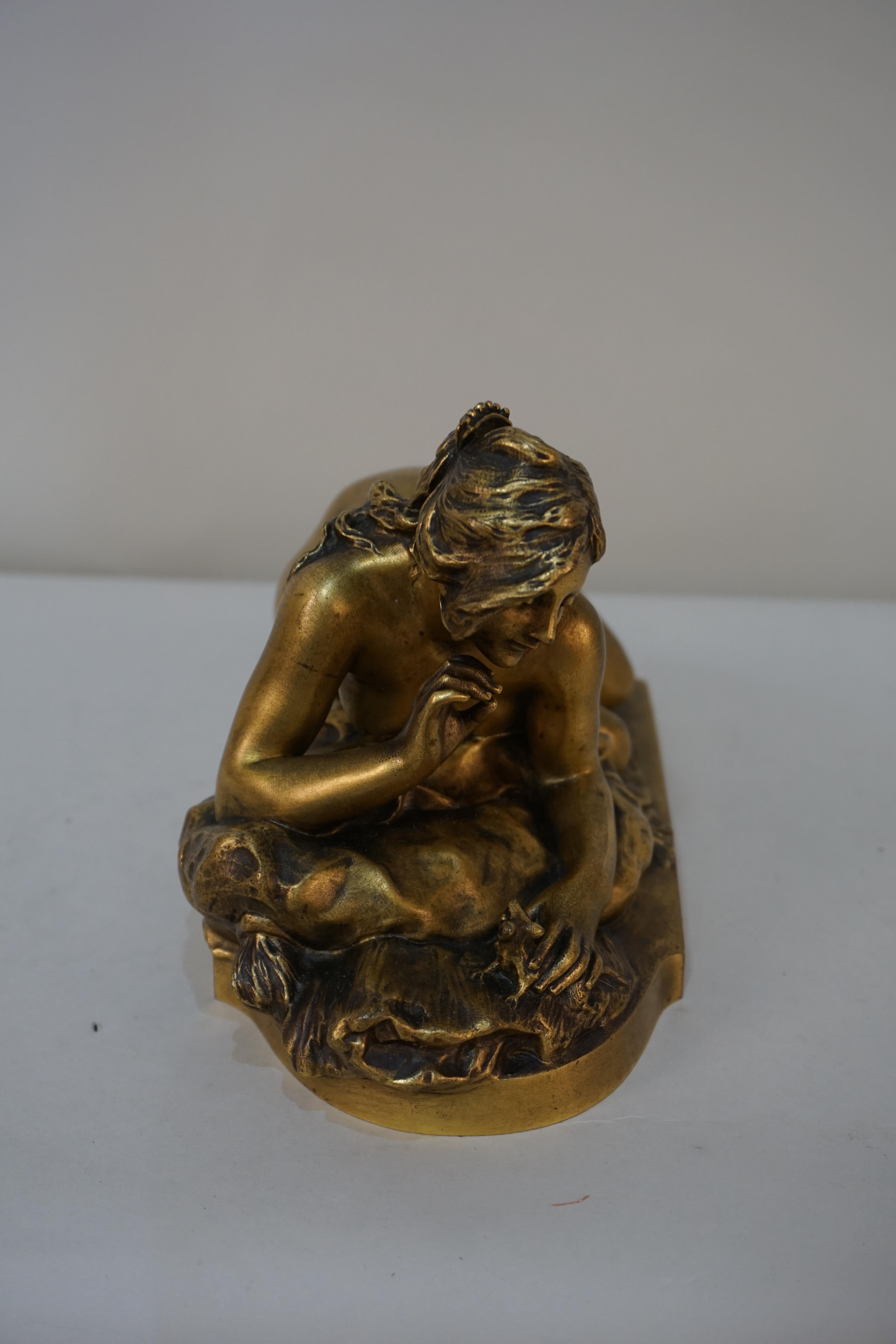 Gilt Bronze Sculpture of Nude Female with Mouse by Ferdinand Faivre 1