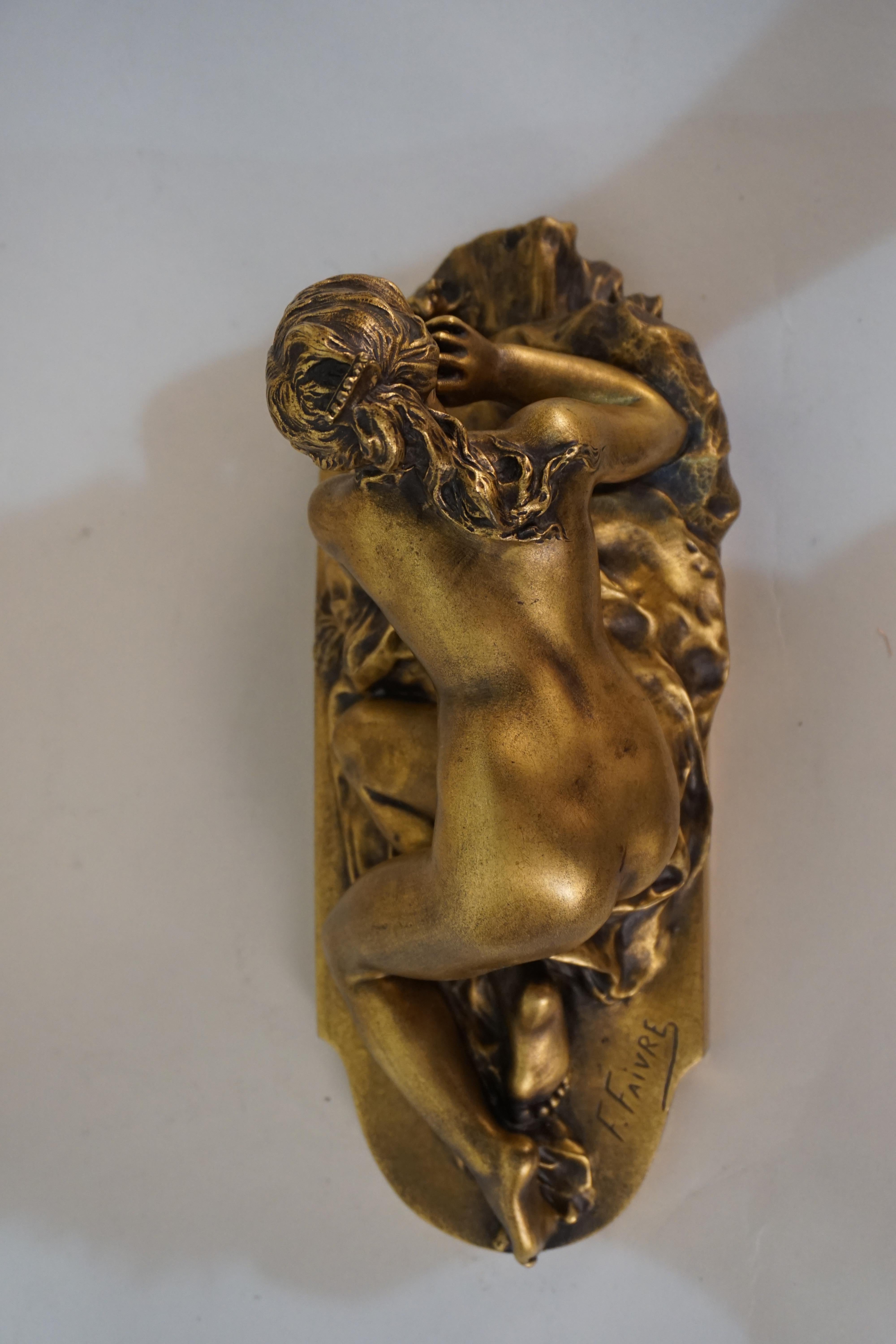 Gilt Bronze Sculpture of Nude Female with Mouse by Ferdinand Faivre 2