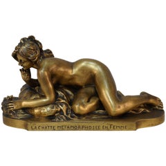 Gilt Bronze Sculpture of Nude Female with Mouse by Ferdinand Faivre