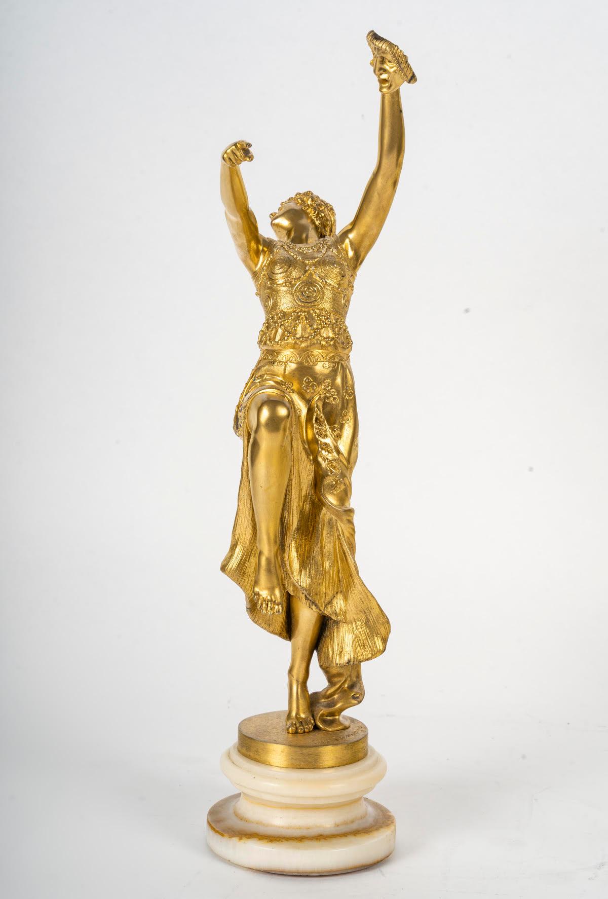 French Gilt Bronze Sculpture, Onyx Base by Joe Descomps, 1900, Art Nouveau. For Sale