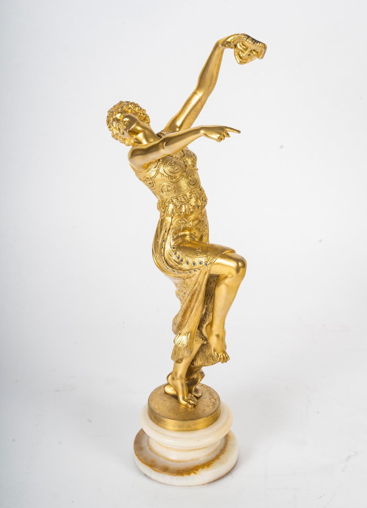 Gilt Bronze Sculpture, Onyx Base by Joe Descomps, 1900, Art Nouveau. In Good Condition For Sale In Saint-Ouen, FR