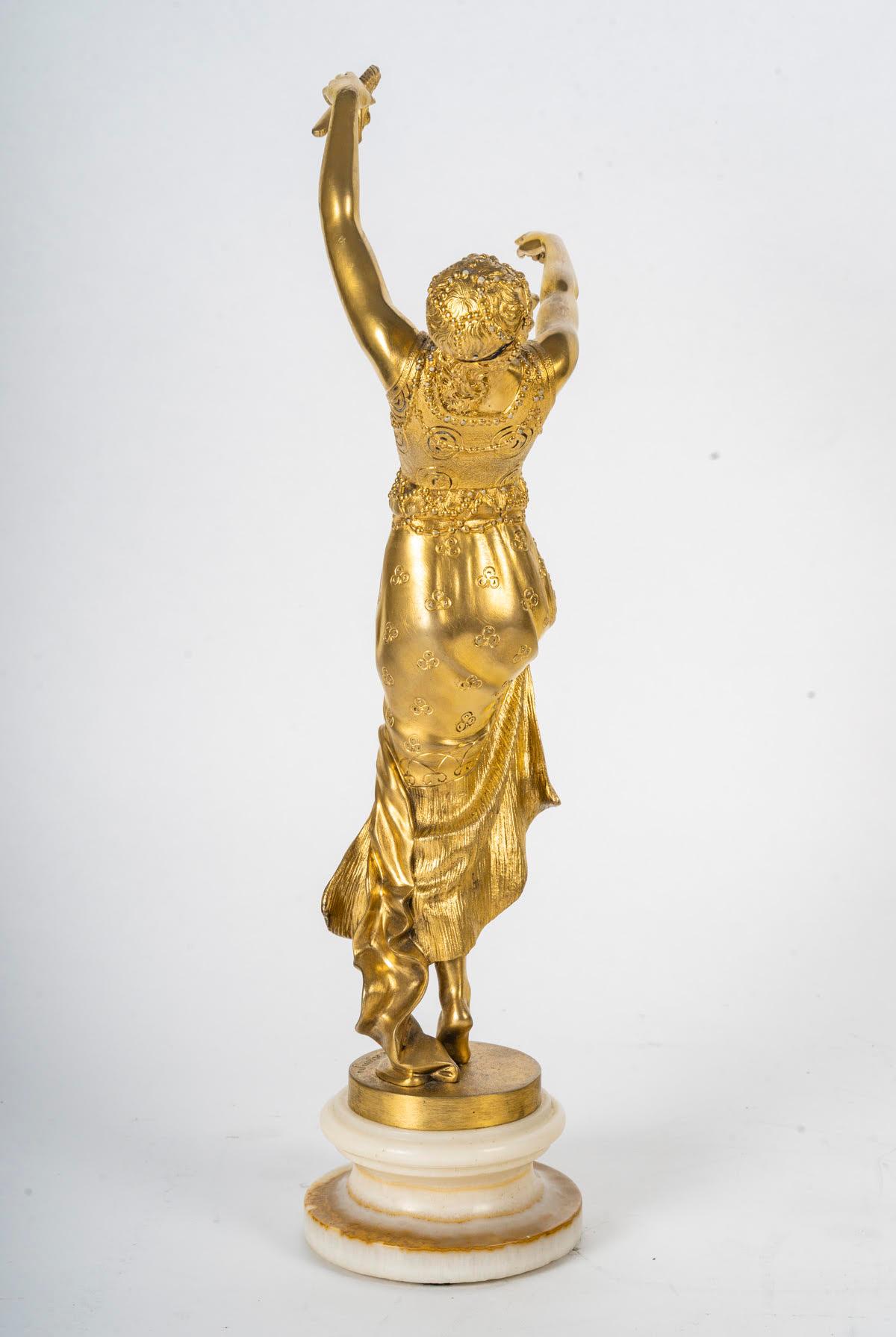 20th Century Gilt Bronze Sculpture, Onyx Base by Joe Descomps, 1900, Art Nouveau. For Sale