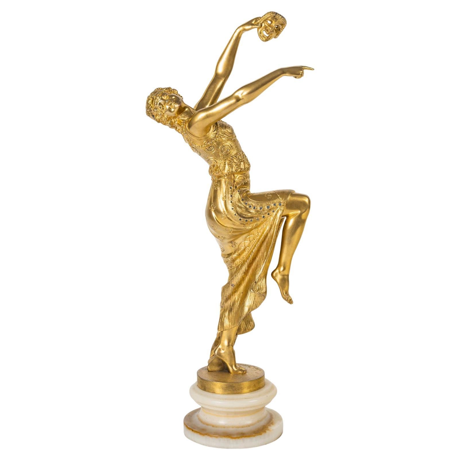 Escultura de bronce dorado, base de ónice de Joe Descomps, 1900, Art Nouveau.
