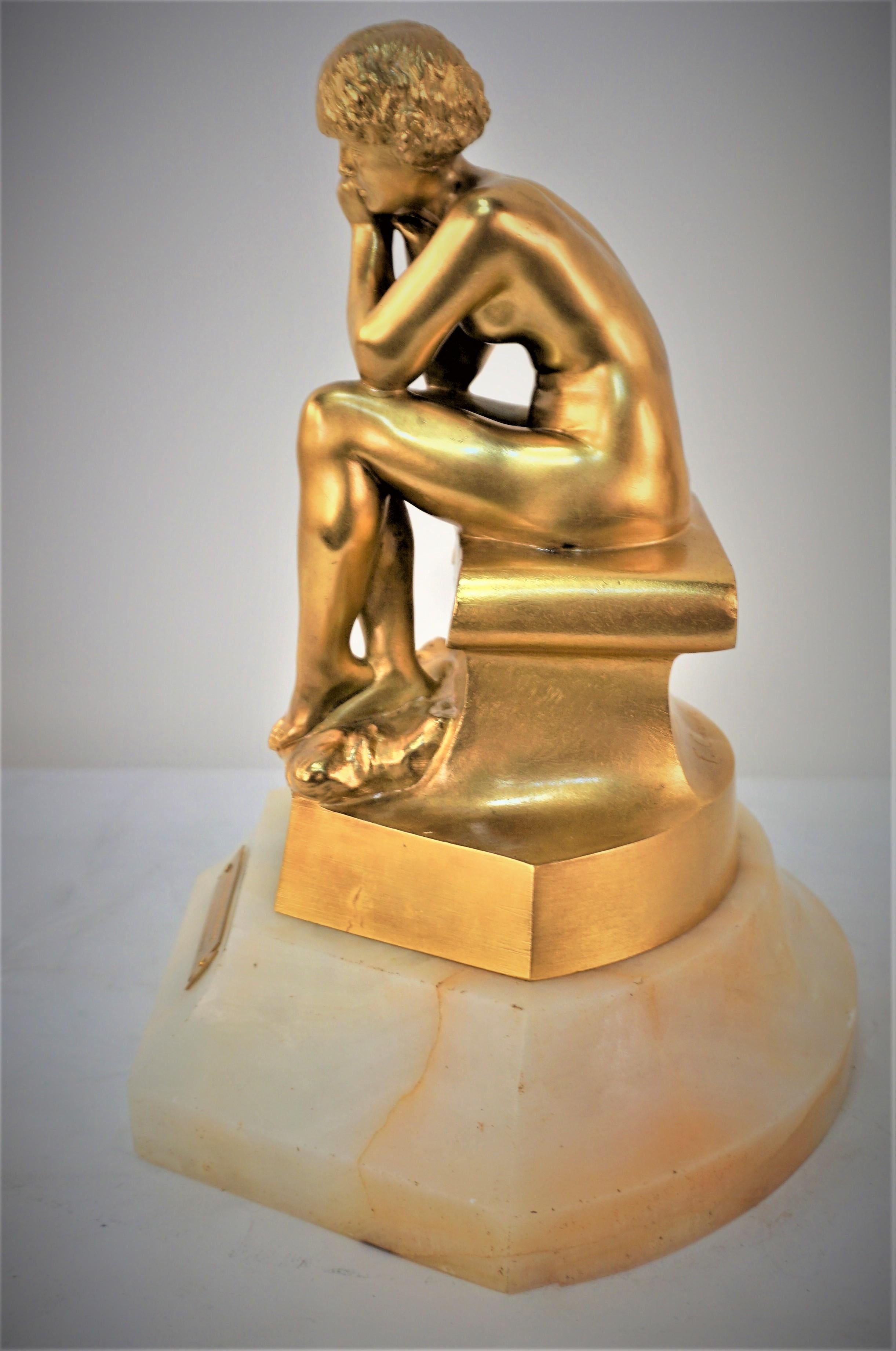 Gilt Bronze Sculpture Young Man 'Meditation' by Florentin Louis Chauvet  In Good Condition For Sale In Fairfax, VA